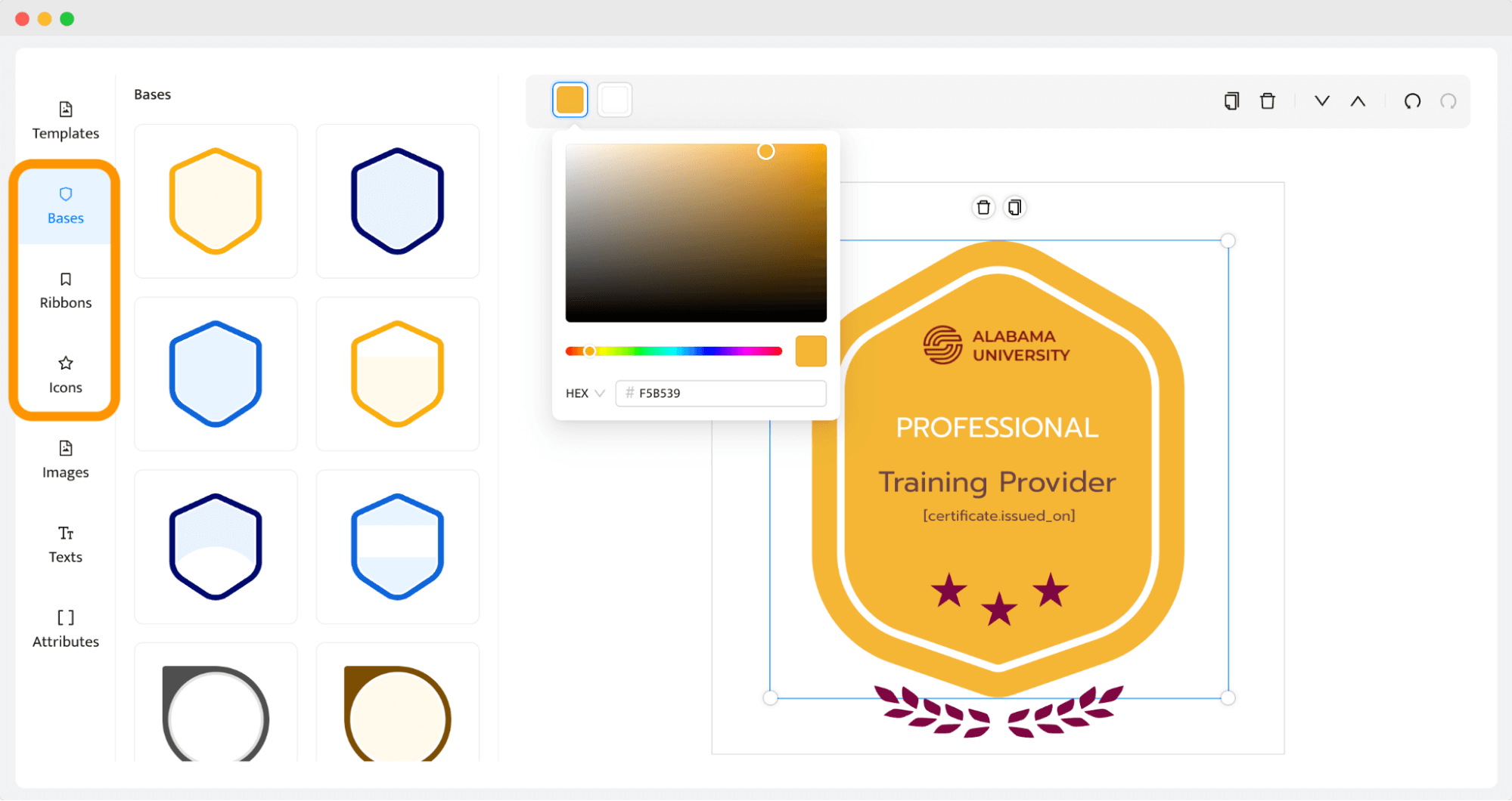 Certifier badge design tool interface showing options for selecting badge bases, ribbons, icons, and customizing colors for a new badge creation as an alternative to Badgr badges. Certifier badge design tool interface showing options for selecting badge bases, ribbons, icons, and customizing colors for a new badge creation as an alternative to Badgr badges.