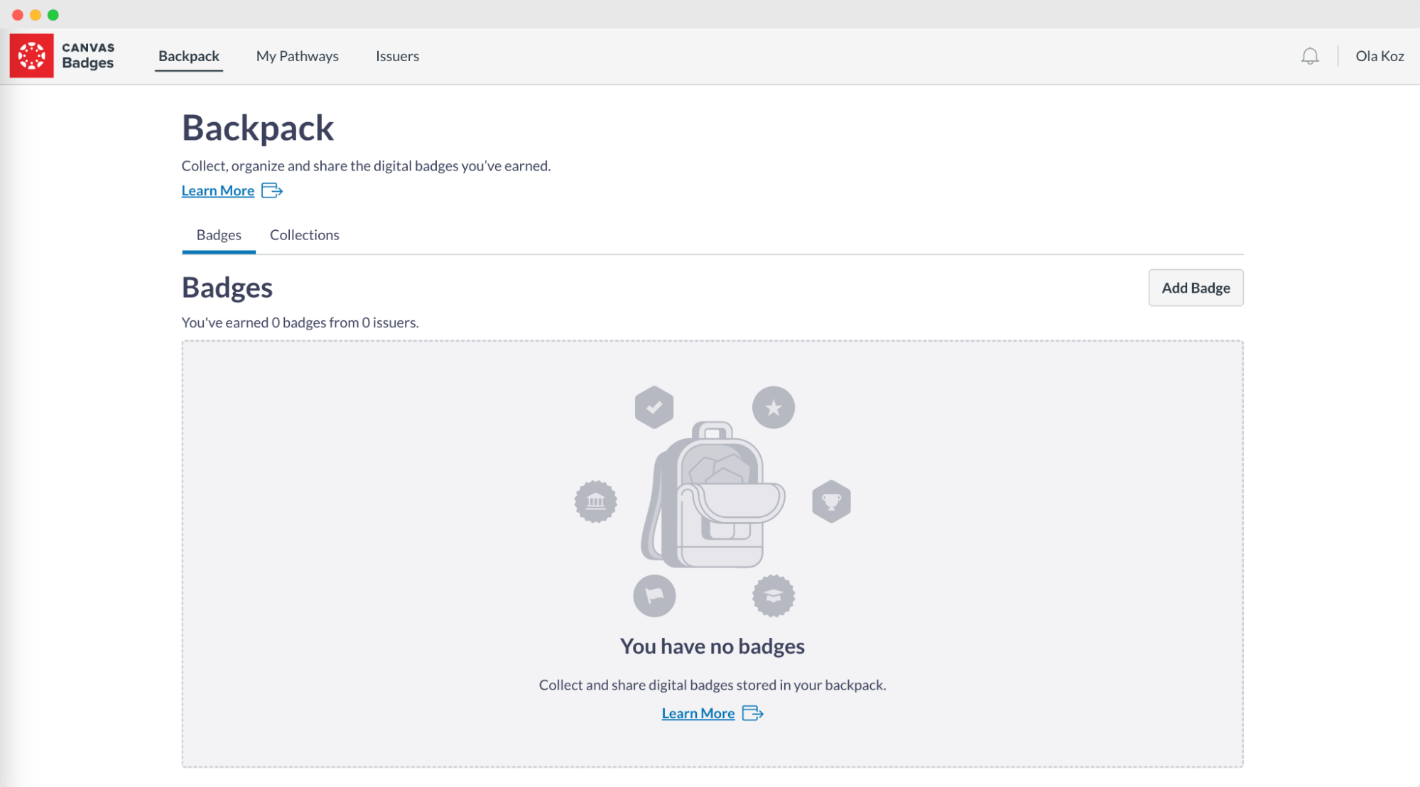 Canvas Badges Backpack interface with no earned badges displayed, offering options to add badges and organize collections. Canvas Badges Backpack interface with no earned badges displayed, offering options to add badges and organize collections.