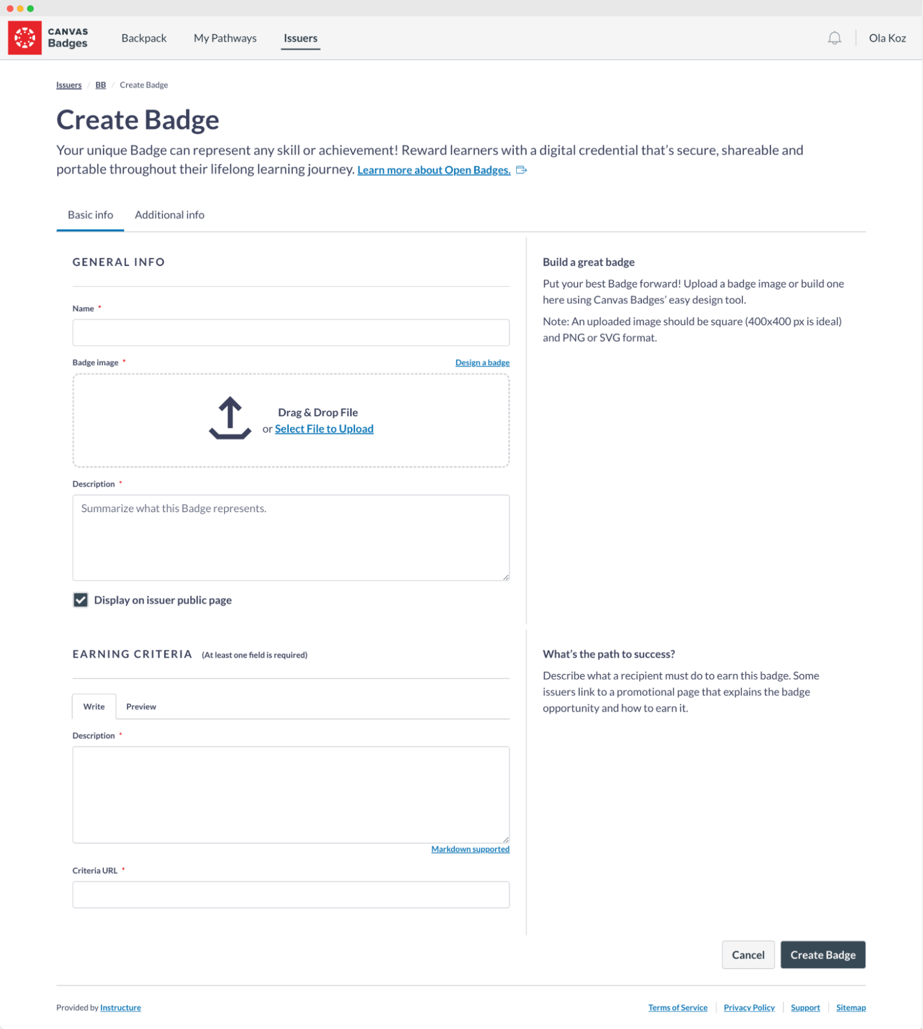 Canvas Badges form to create a new badge, including fields for general info, earning criteria, and display options on the issuer's public page. Canvas Badges form to create a new badge, including fields for general info, earning criteria, and display options on the issuer's public page.