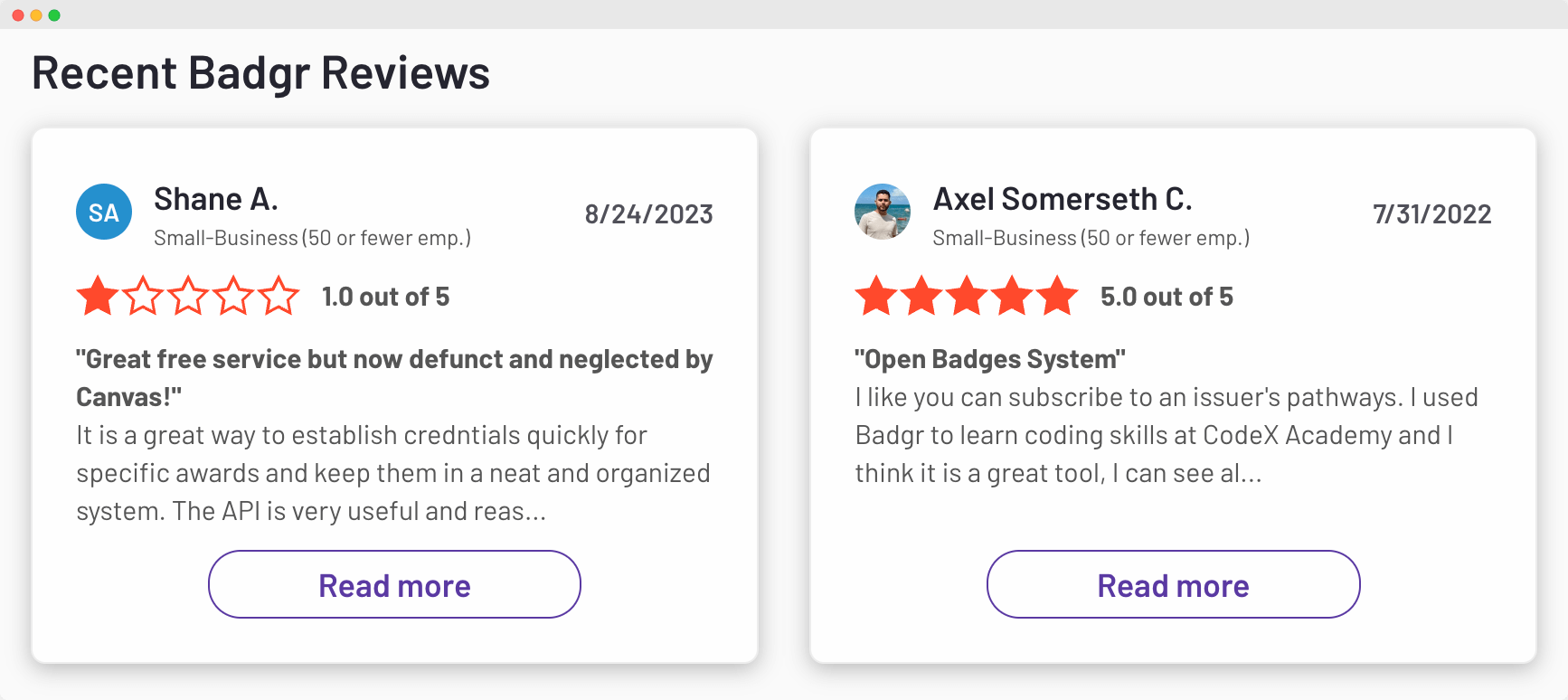 Recent reviews for Badgr, with one user rating it 1 out of 5 stars and another rating it 5 out of 5 stars, highlighting different user experiences. Recent reviews for Badgr, with one user rating it 1 out of 5 stars and another rating it 5 out of 5 stars, highlighting different user experiences.
