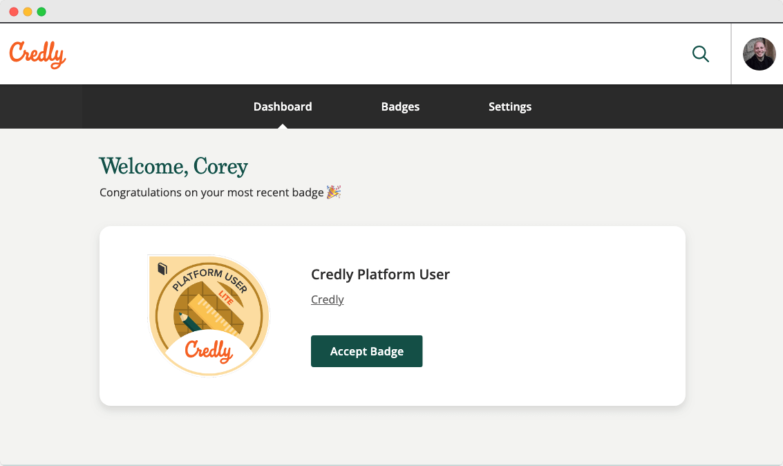 Credly alternative to Badgr and its dashboard showing a welcome message to accept badge. Credly alternative to Badgr and its dashboard showing a welcome message to accept badge.