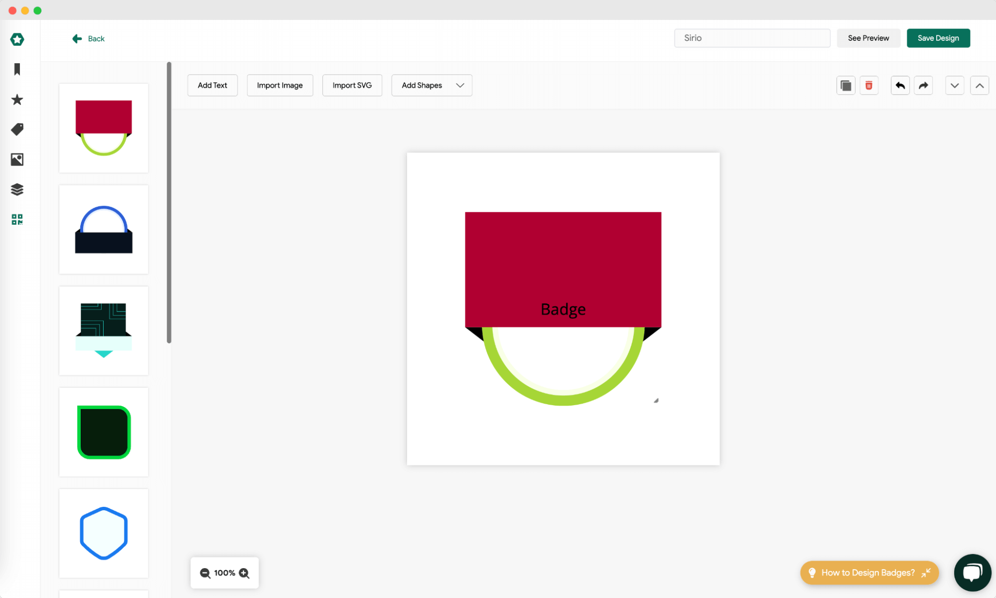 Sertifier Badgr alternative and its badge design tool with options to add text, import images, and customize shapes. Sertifier Badgr alternative and its badge design tool with options to add text, import images, and customize shapes.