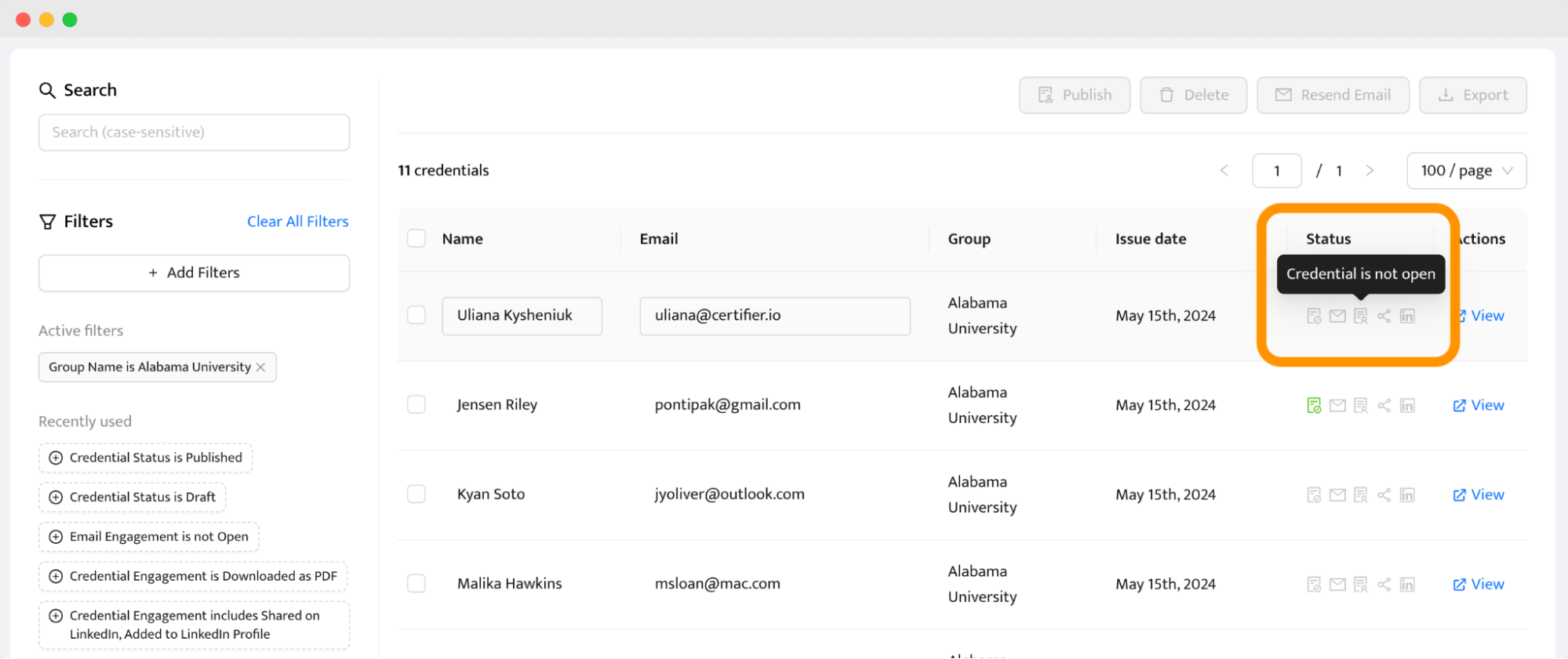 Certifier Badgr alternative and its badge dashboard showing a list of credentials with filters for status and engagement metrics. Certifier Badgr alternative and its badge dashboard showing a list of credentials with filters for status and engagement metrics.