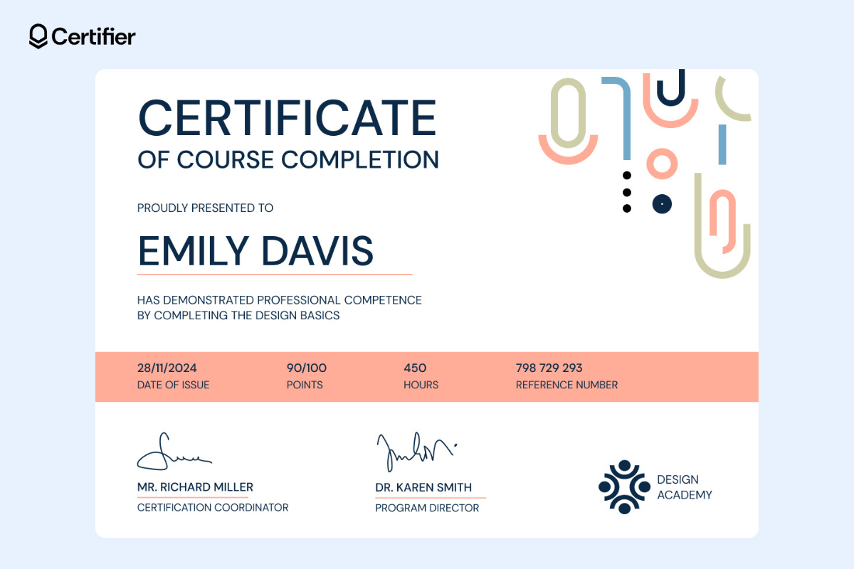 A colorful and print-ready nail course certificate template by Certifier containing ornamental elements at the top, and a pink bar for highlighting important elements. A colorful and print-ready nail course certificate template by Certifier containing ornamental elements at the top, and a pink bar for highlighting important elements.