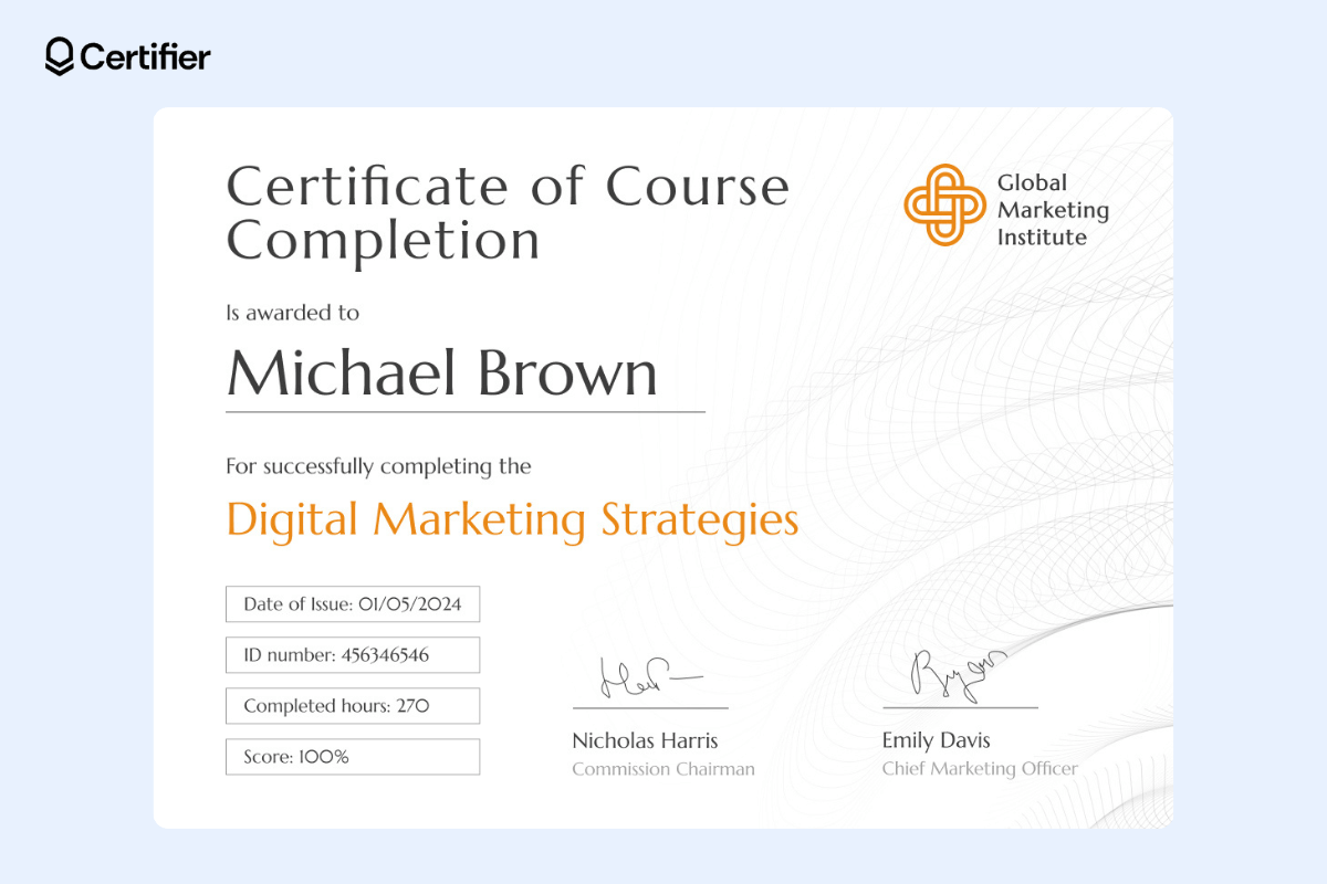 A customizable template that might work as a LinkedIn course certificate, containing yellow elements: course name and institute’s logo; the design of this online course certificate template is minimalistic. A customizable template that might work as a LinkedIn course certificate, containing yellow elements: course name and institute’s logo; the design of this online course certificate template is minimalistic.