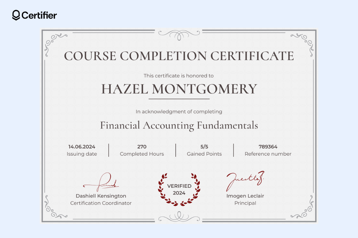 Computer course certificate template in grey with many ornamental elements and elegant borders; the certificate title and the recipient’s name is placed in the middle; there are red elements at the bottom. Computer course certificate template in grey with many ornamental elements and elegant borders; the certificate title and the recipient’s name is placed in the middle; there are red elements at the bottom.