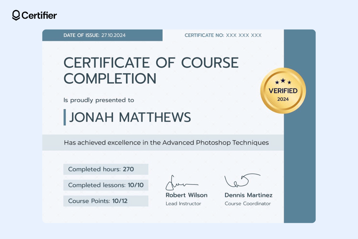 An English course certificate sample template in blue color with a gold seal on the right, signatures at the bottom, and course details in bold. An English course certificate sample template in blue color with a gold seal on the right, signatures at the bottom, and course details in bold.