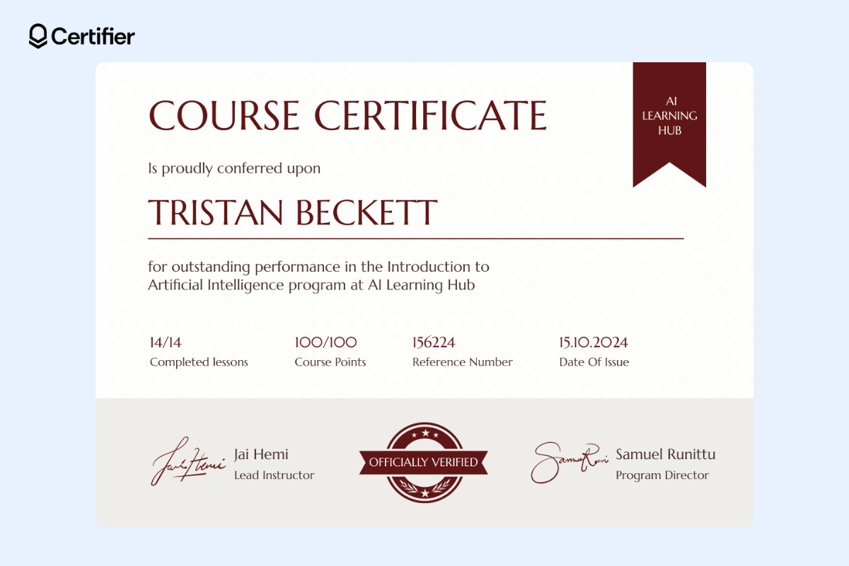 A template by Certifier for an IT course certificate format, containing a beige ornamental bar at the bottom with signatures and a badge in the middle; a line separates the recipient’s name and course title from all other information. A template by Certifier for an IT course certificate format, containing a beige ornamental bar at the bottom with signatures and a badge in the middle; a line separates the recipient’s name and course title from all other information.