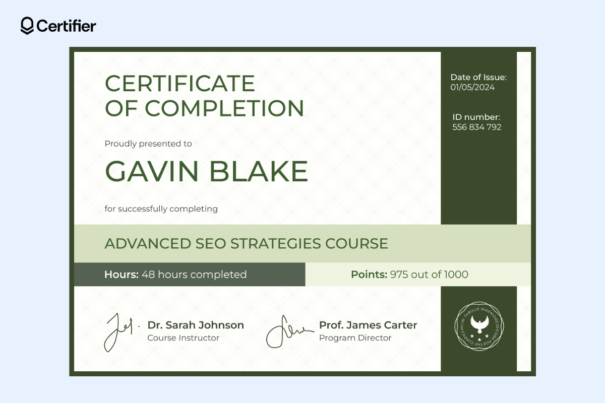 Green certificate of recognition template with a light green background and many green elements highlighting the relevant information; the logo is in the bottom right corner. Green certificate of recognition template with a light green background and many green elements highlighting the relevant information; the logo is in the bottom right corner.