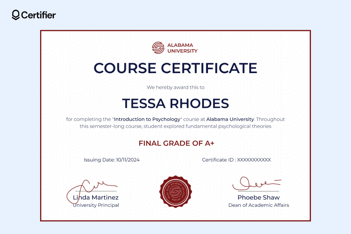 Modest course certificate template with a white background and blue and red elements; the course grade is in red font, placed under the certificate wording; the seal is between the signatures at the bottom of the design. Modest course certificate template with a white background and blue and red elements; the course grade is in red font, placed under the certificate wording; the seal is between the signatures at the bottom of the design.