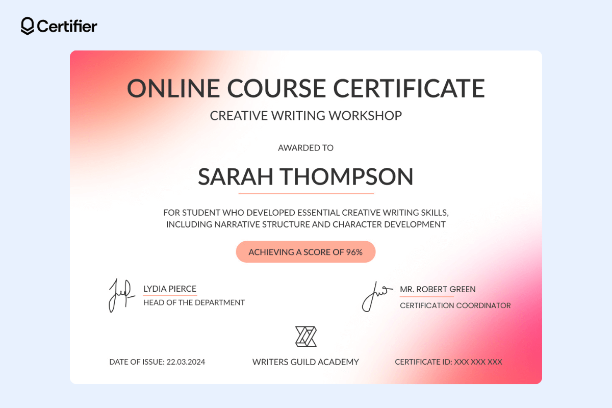 Pink design for LinkedIn course certificate template that features gradient-pink coloring in the two diagonal corners; the core is highlighted in pink, placed in the middle of the course certificate template. Pink design for LinkedIn course certificate template that features gradient-pink coloring in the two diagonal corners; the core is highlighted in pink, placed in the middle of the course certificate template.