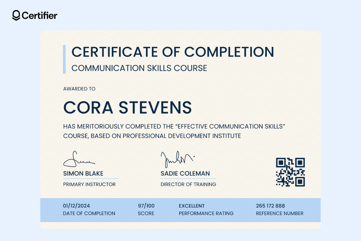 Classic certificate temple with a beige background and a light blue bar at the bottom; blue font is used for the recipient's name and it is one of the biggest elements in this course certificate template. Classic certificate temple with a beige background and a light blue bar at the bottom; blue font is used for the recipient's name and it is one of the biggest elements in this course certificate template.
