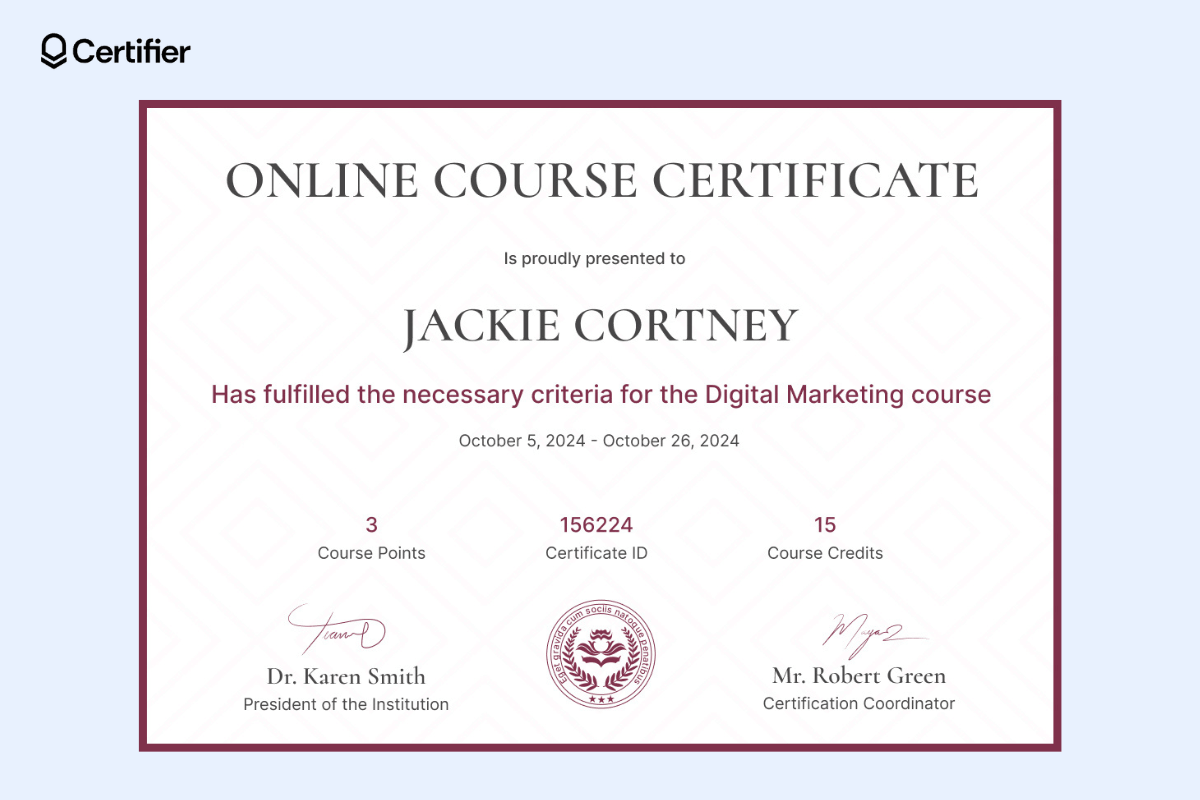 Certifier’s online course certificate template in red with a white background, red wording, and a red seal; the course title and recipient’s name are visibly bigger than the rest. Certifier’s online course certificate template in red with a white background, red wording, and a red seal; the course title and recipient’s name are visibly bigger than the rest.