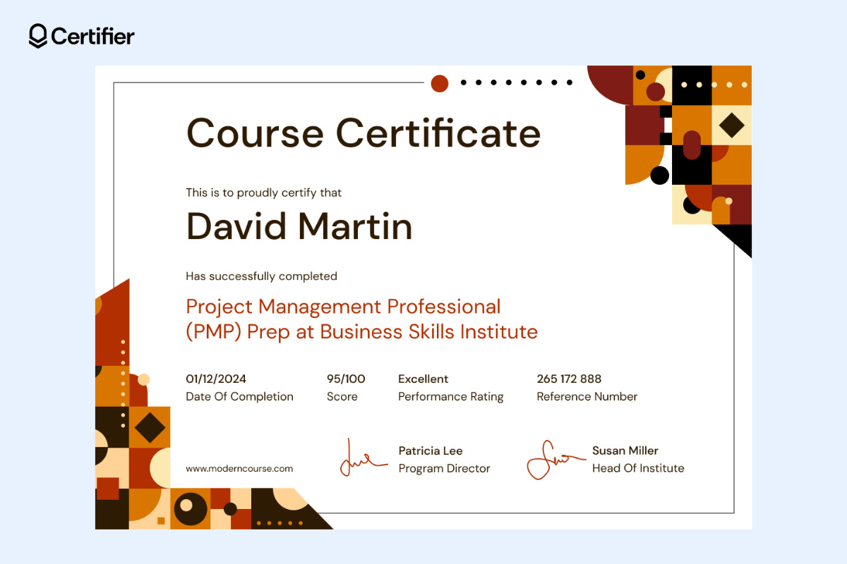 A template by Certifier that can be used as a business and computer course certificate template, featuring brown elements in diagonal corners with a red course title. A template by Certifier that can be used as a business and computer course certificate template, featuring brown elements in diagonal corners with a red course title.