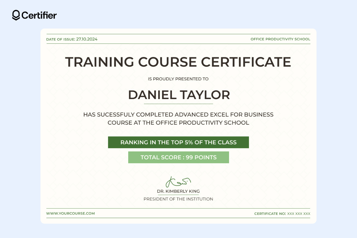 An IT course certificate format that is ready for bulk issuing and distributing with green elements in the center and in each corner; course title and recipient’s name are bolded in the middle. An IT course certificate format that is ready for bulk issuing and distributing with green elements in the center and in each corner; course title and recipient’s name are bolded in the middle.