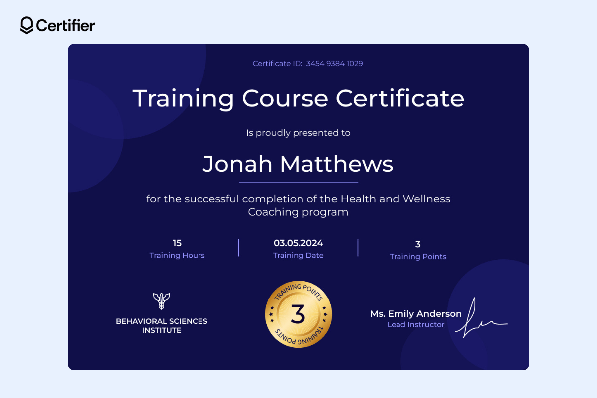 A navy blue course certificate of completion with lighter blue circles in the background and a white font; the gold seal in the middle makes this MS Office course certificate template elegant. A navy blue course certificate of completion with lighter blue circles in the background and a white font; the gold seal in the middle makes this MS Office course certificate template elegant.