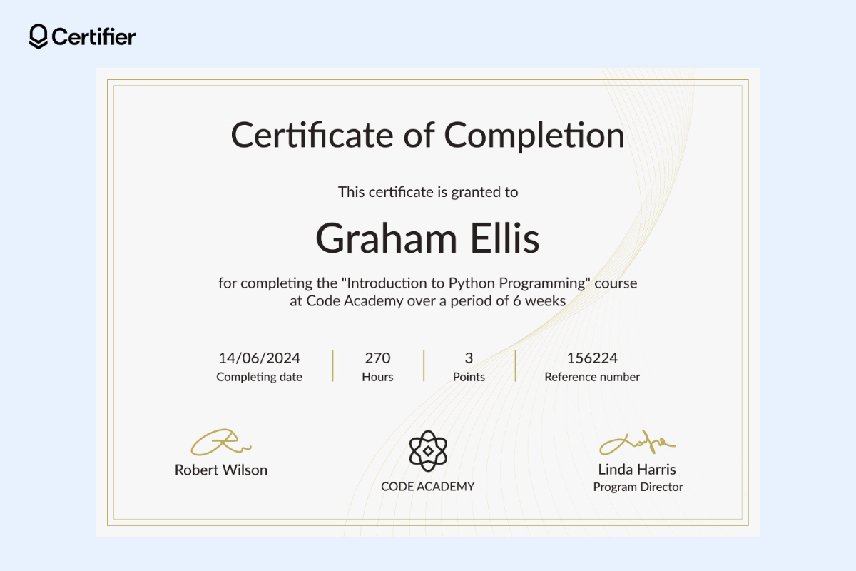 A yellow course certificate of completion template in which all the course details are separated by vertical lines; at the bottom, a logo is placed between two signatures. A yellow course certificate of completion template in which all the course details are separated by vertical lines; at the bottom, a logo is placed between two signatures.