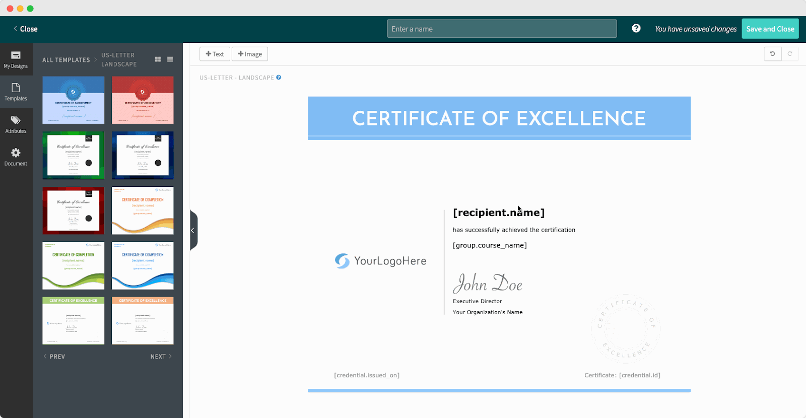 Certificate editor showing a customizable Certificate of Excellence template with options for text and image integration, part of Accredible digital credential management software platform. Certificate editor showing a customizable Certificate of Excellence template with options for text and image integration, part of Accredible digital credential management software platform.