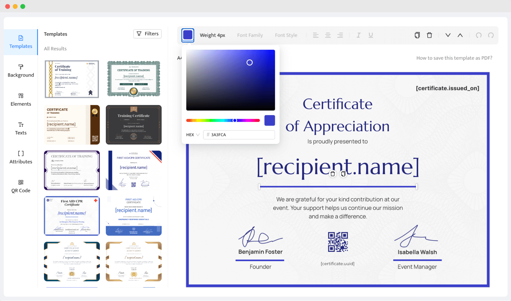 Certificate design editor screen with various templates and customization options for creating professional certificates, part of the best credential management software platform – Certifier. Certificate design editor screen with various templates and customization options for creating professional certificates, part of the best credential management software platform – Certifier.