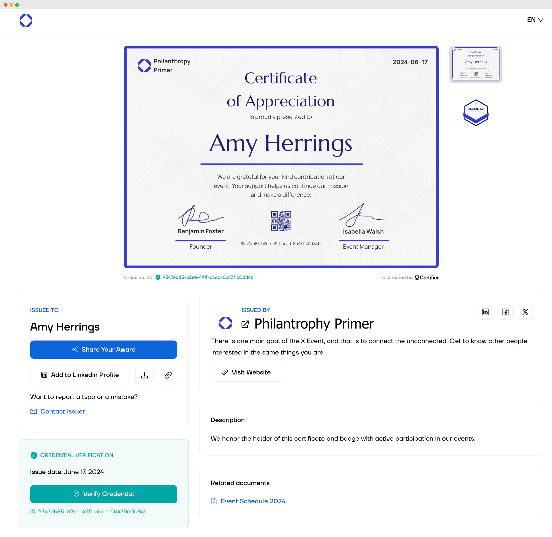 Certifier digital wallet with options to verify the credential and share it on LinkedIn, part of a free credential management software platform. Certifier digital wallet with options to verify the credential and share it on LinkedIn, part of a free credential management software platform.