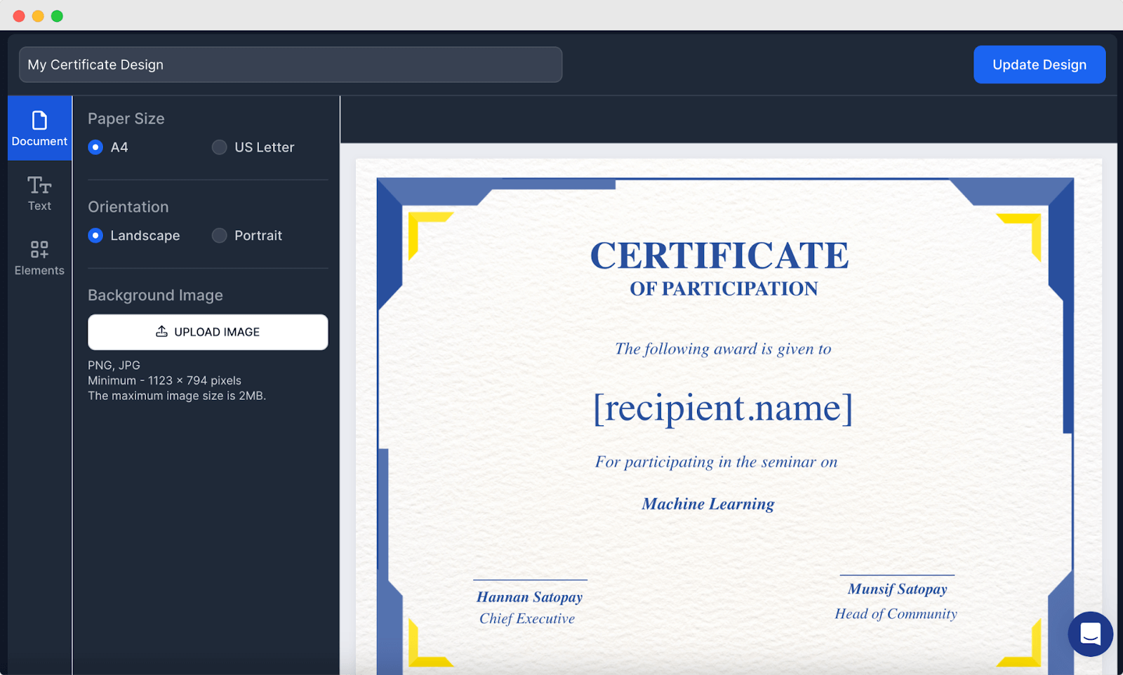 Certificate of participation design editor screen, a component of NetCredential management software. Certificate of participation design editor screen, a component of NetCredential management software.