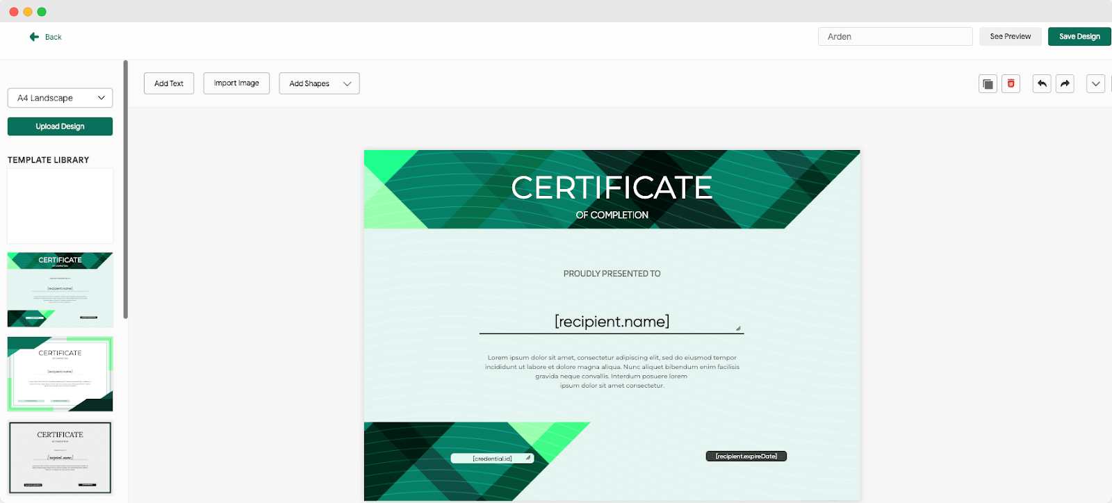 Certificate of Completion design editor with options to import images and add text, demonstrating features of a Sertifier credential management system. Certificate of Completion design editor with options to import images and add text, demonstrating features of a Sertifier credential management system.