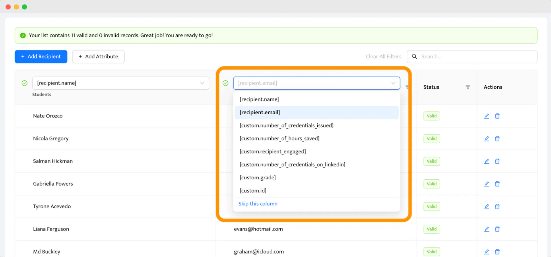 One of the steps of how to create a course certificate online: Adding recipients. One of the steps of how to create a course certificate online: Adding recipients.