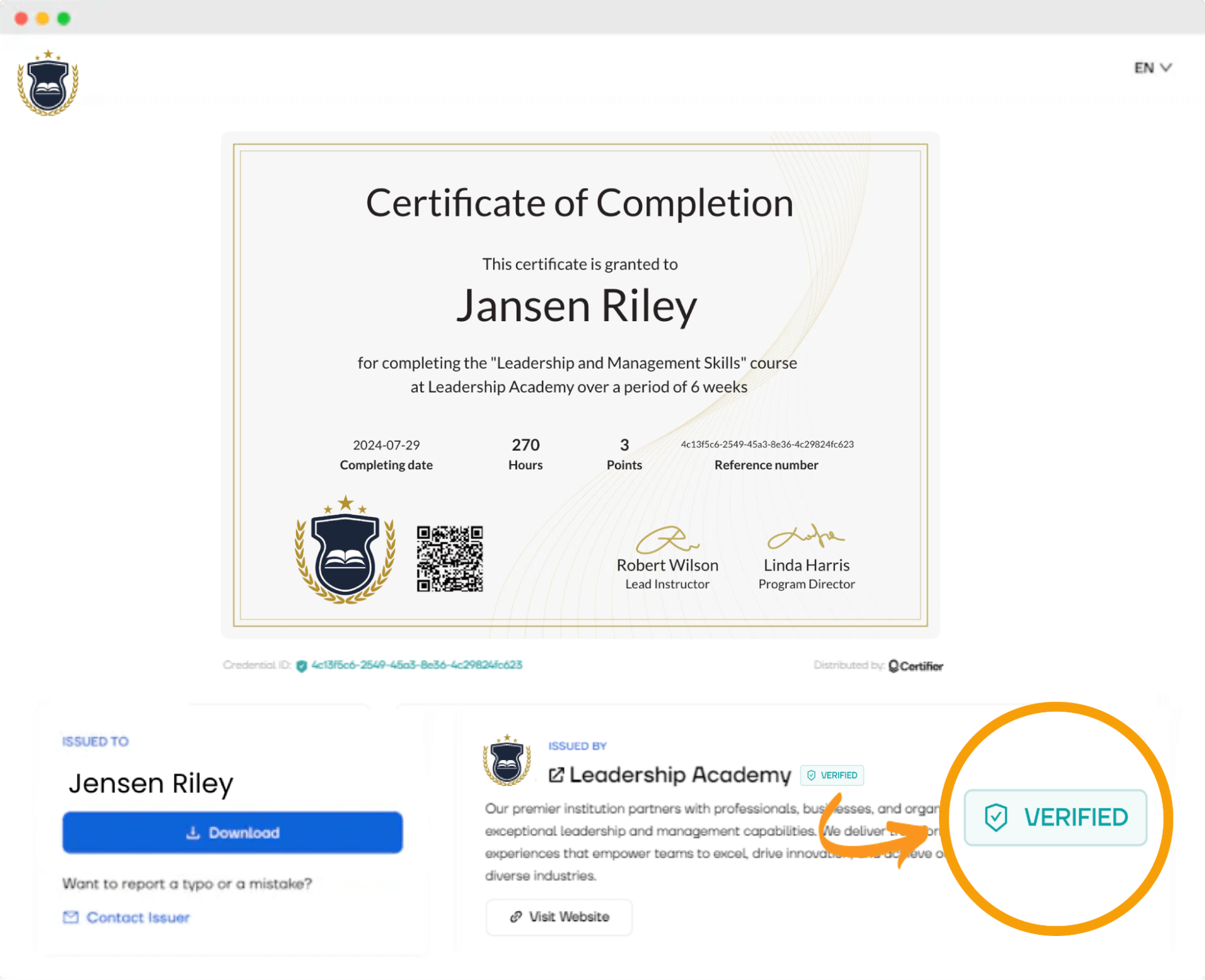 A verified issuer feature in Certifier’s digital wallet. A verified issuer feature in Certifier’s digital wallet.