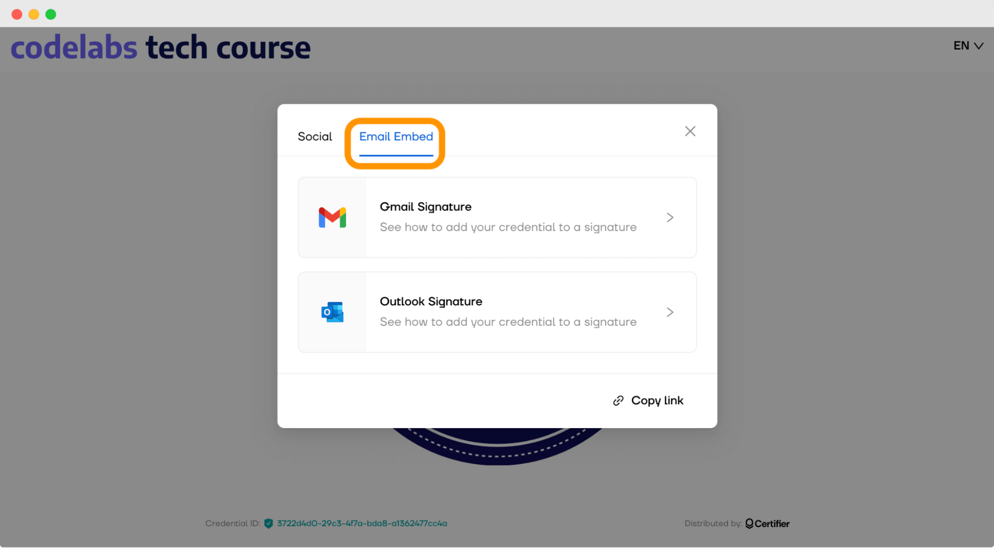 Digital wallet from Certifier and Email Embed tab with options to add credentials to Gmail and Outlook signatures. Digital wallet from Certifier and Email Embed tab with options to add credentials to Gmail and Outlook signatures.