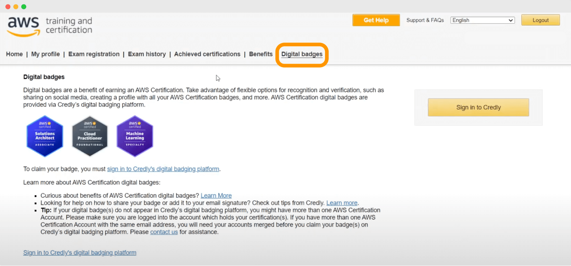 AWS training and certification page displaying digital badges for various certifications. AWS training and certification page displaying digital badges for various certifications.