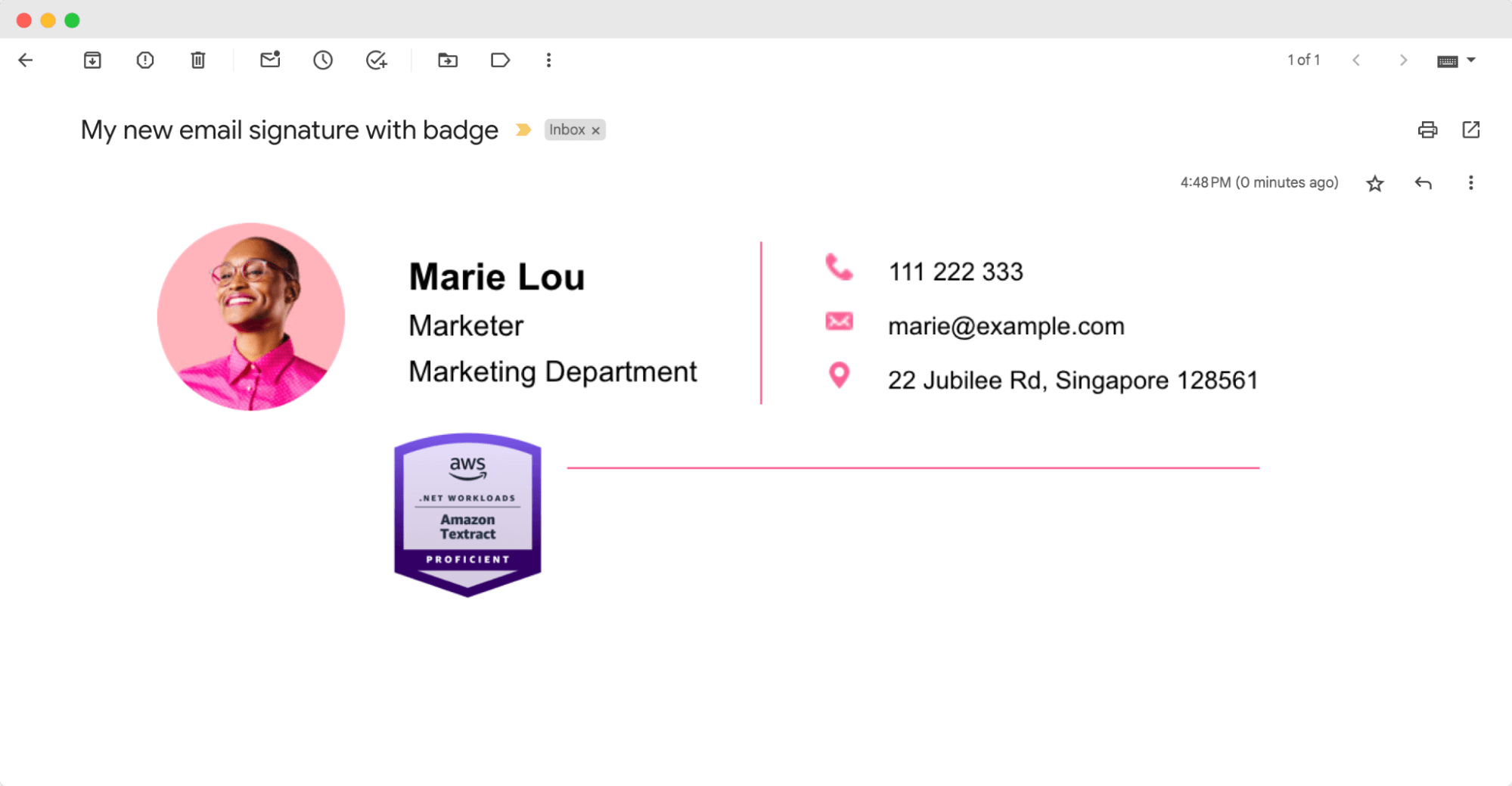 Email signature with badge, featuring contact information and an AWS certification badge, demonstrating an email signature with certifications. Email signature with badge, featuring contact information and an AWS certification badge, demonstrating an email signature with certifications.
