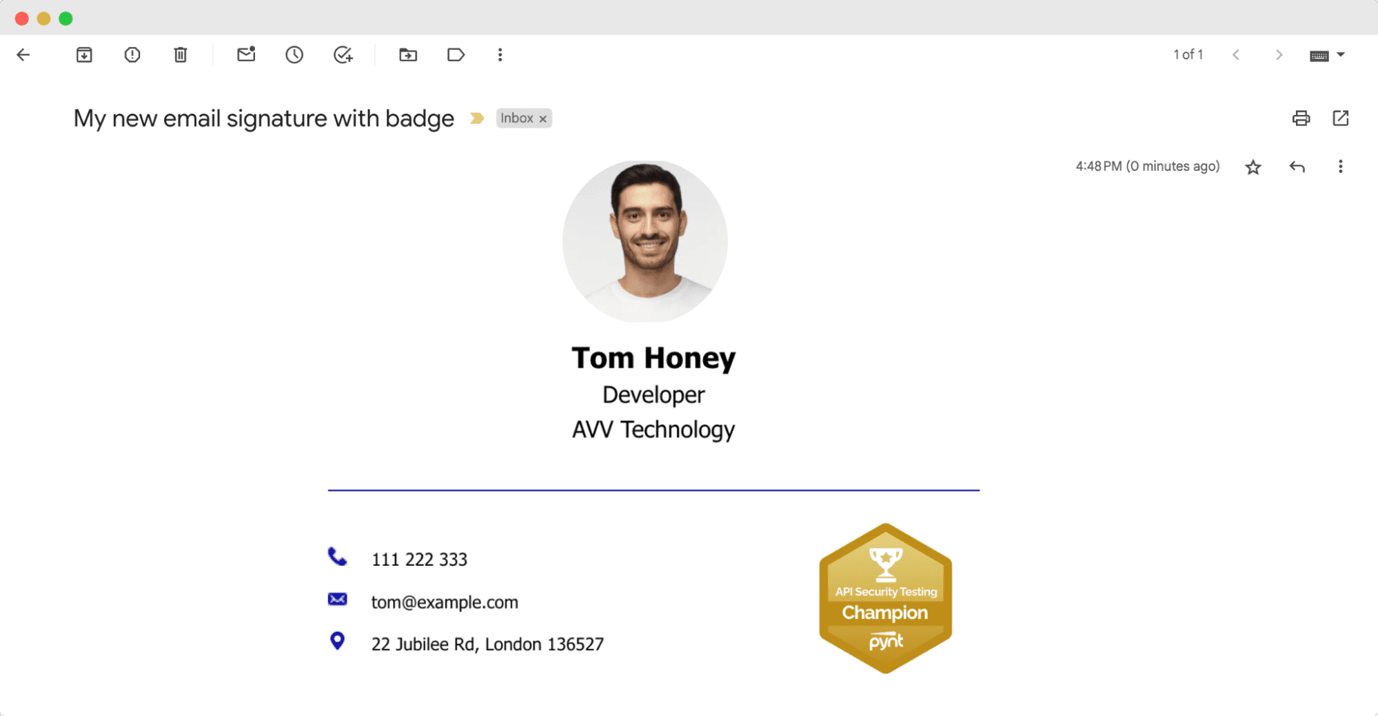 An example of email signature with credentials for IT developers, featuring a photo, contact details, and an API Security Testing badge. An example of email signature with credentials for IT developers, featuring a photo, contact details, and an API Security Testing badge.