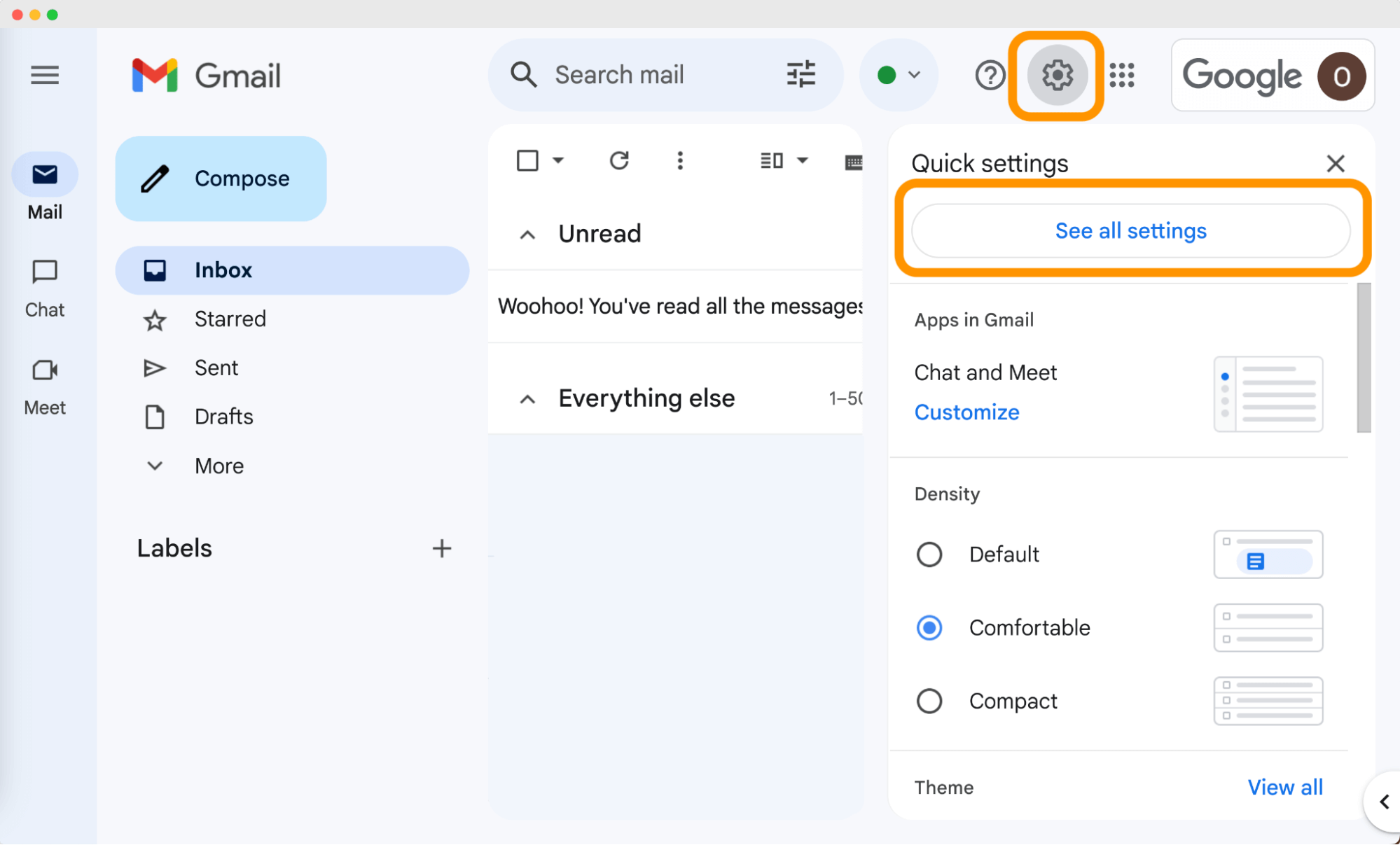 Gmail quick settings menu with the option to See all settings highlighted, part of the process for creating an email signature with certifications. Gmail quick settings menu with the option to See all settings highlighted, part of the process for creating an email signature with certifications.