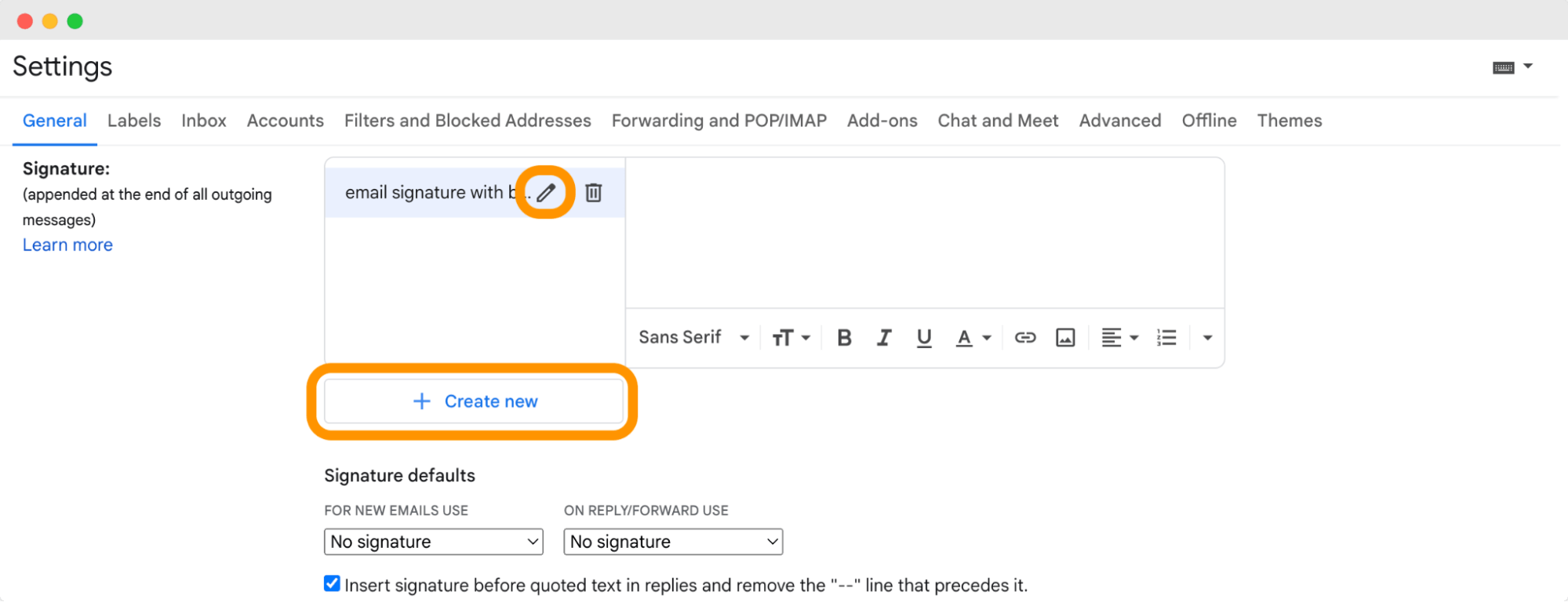 Gmail settings page showing the process to create a new email signature with badges, emphasizing the edit icon. Gmail settings page showing the process to create a new email signature with badges, emphasizing the edit icon.