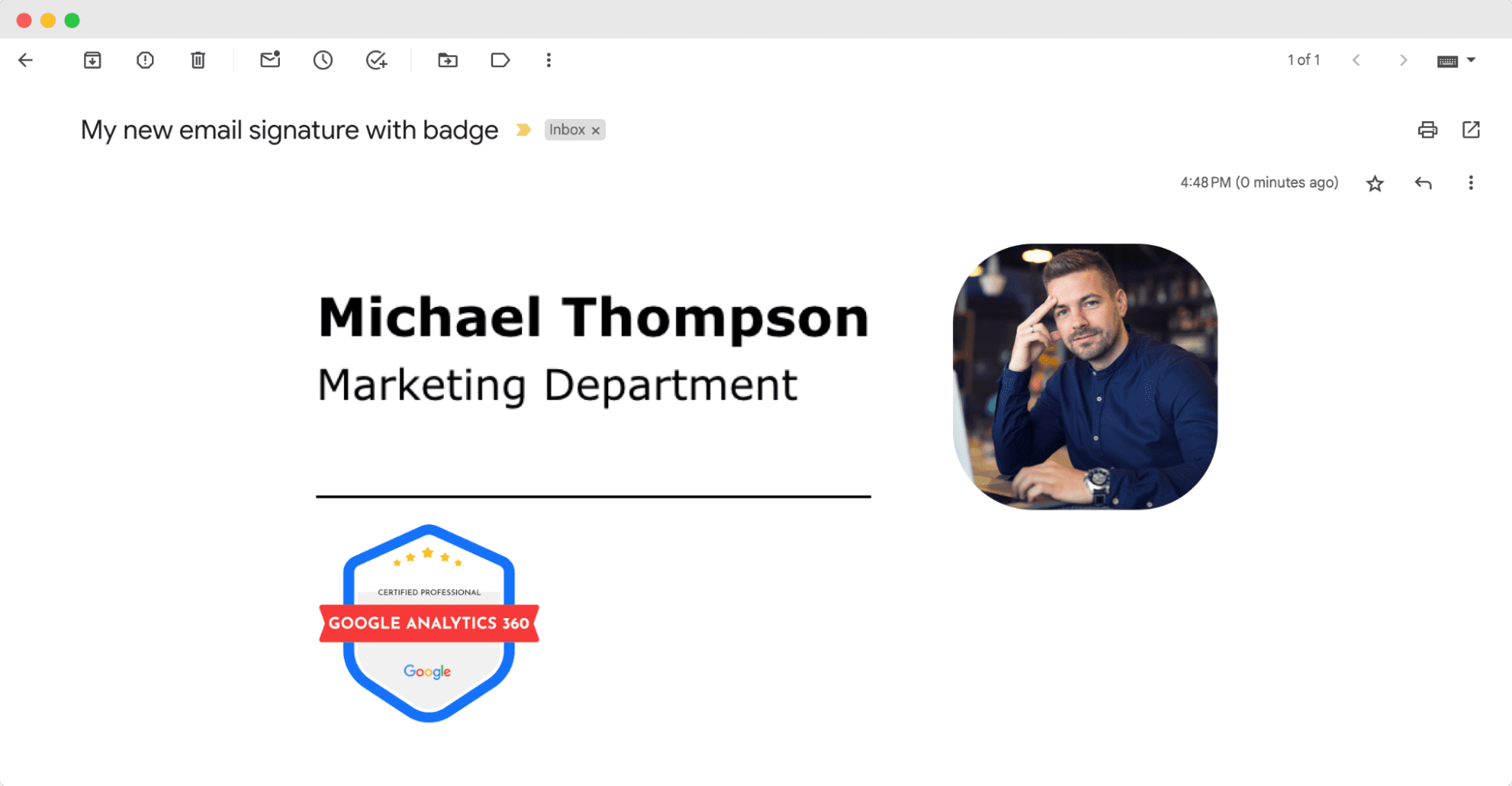 Credentials in email signature example for online courses, including a photo, contact information, and a Google Analytics certification badge. Credentials in email signature example for online courses, including a photo, contact information, and a Google Analytics certification badge.