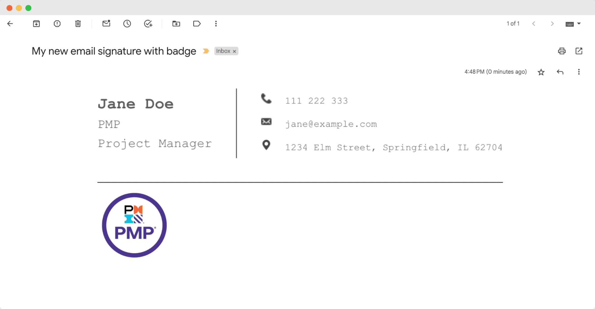 PMP email signature example, featuring a photo, contact details, and a PMP badge. PMP email signature example, featuring a photo, contact details, and a PMP badge.