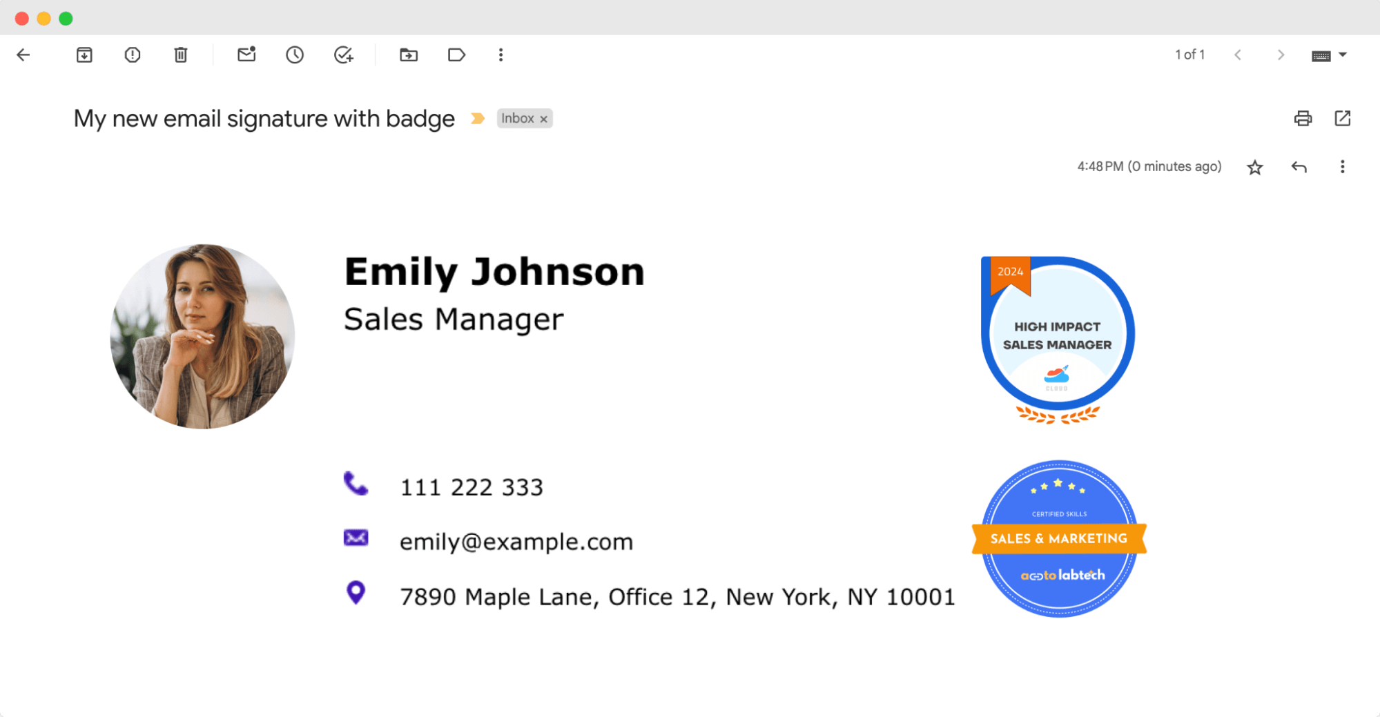 Sample email signature for sales managers, featuring contact information and more than one certification badge. Sample email signature for sales managers, featuring contact information and more than one certification badge.