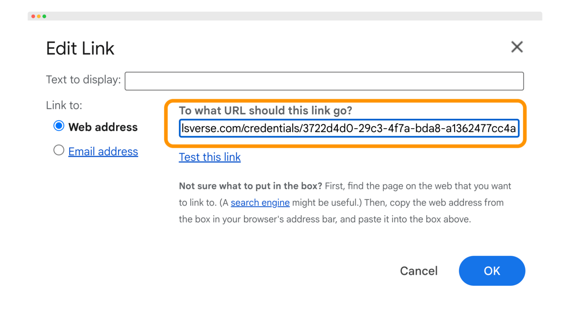 Edit Link window in Gmail, showing the badge URL input field for linking a certification badge in an email signature, part of how to display credentials in an email signature. Edit Link window in Gmail, showing the badge URL input field for linking a certification badge in an email signature, part of how to display credentials in an email signature.