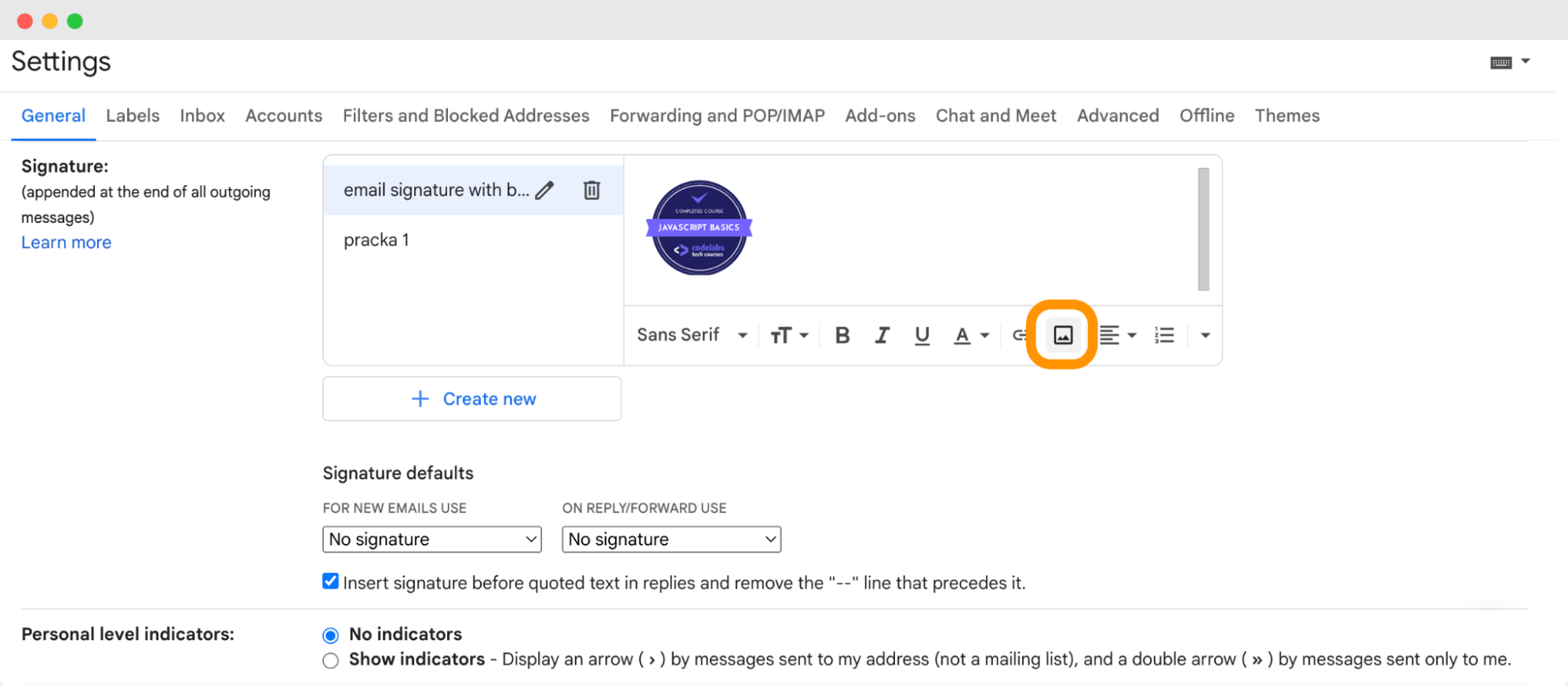 Gmail settings page with a badge inserted into the email signature section, highlighting the image icon to add certifications to email signature. Gmail settings page with a badge inserted into the email signature section, highlighting the image icon to add certifications to email signature.