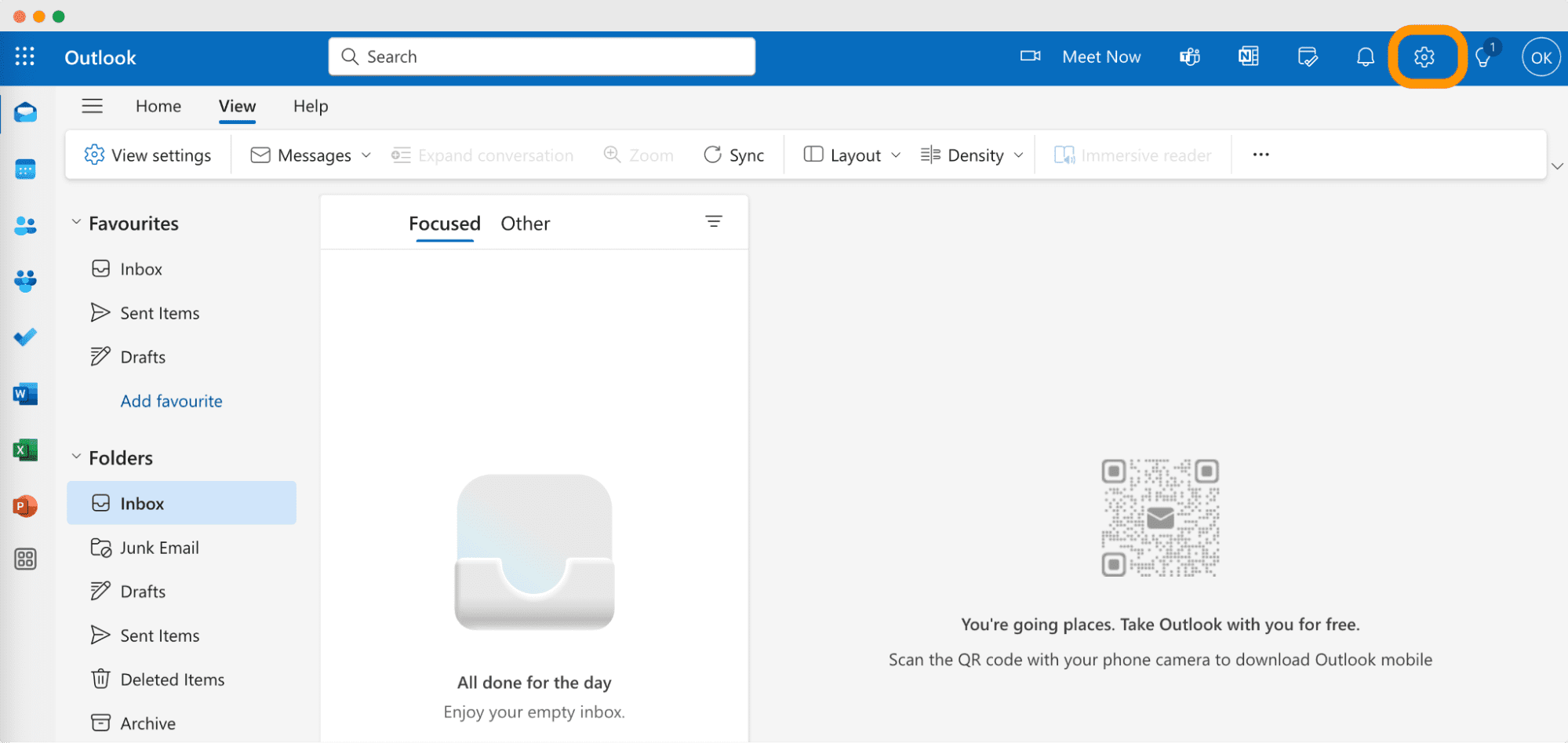 Outlook inbox with settings gear icon highlighted, guiding users on how to access settings to add a badge to your email signature in Outlook. Outlook inbox with settings gear icon highlighted, guiding users on how to access settings to add a badge to your email signature in Outlook.