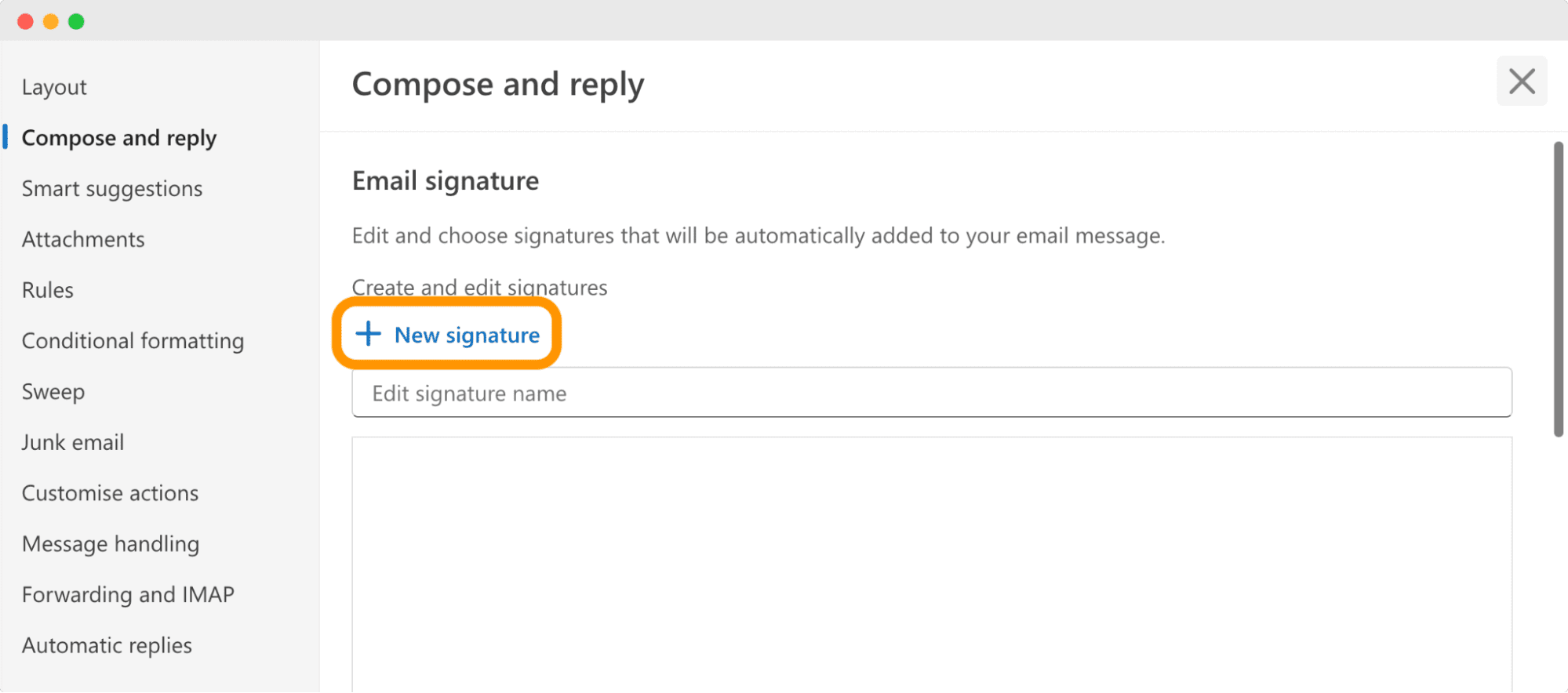 Outlook Compose and reply settings with the New signature option highlighted, showing how to create a new email signature with certifications. Outlook Compose and reply settings with the New signature option highlighted, showing how to create a new email signature with certifications.