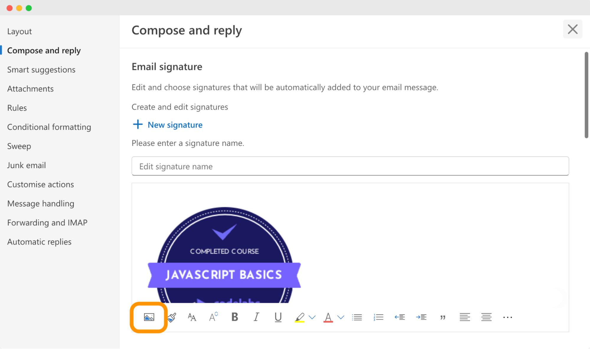 Screenshot of Outlook email signature settings with a sample badge added, illustrating how to add certifications to an email signature. Screenshot of Outlook email signature settings with a sample badge added, illustrating how to add certifications to an email signature.