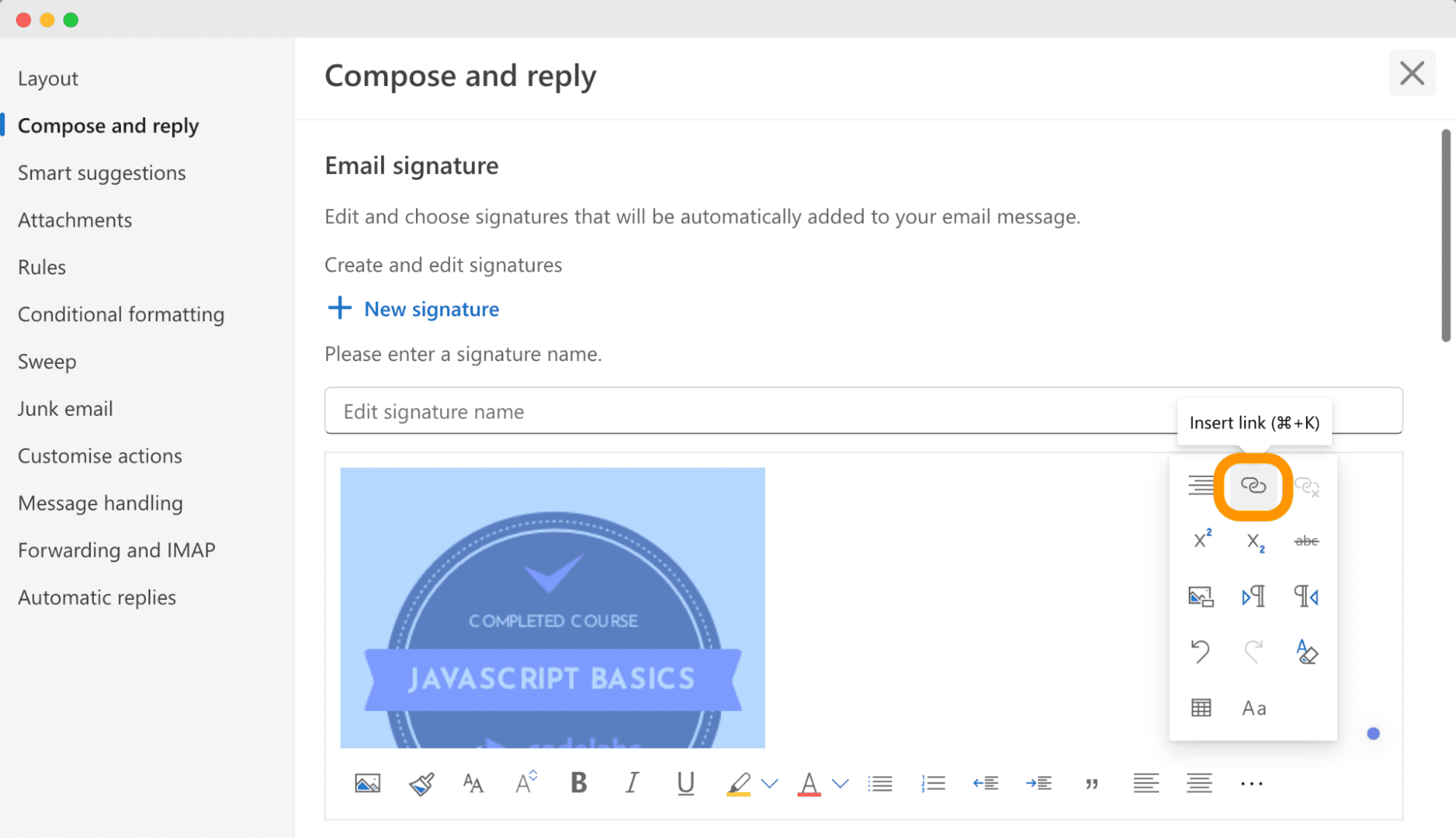 Outlook email signature settings with a sample badge inserted, highlighting the insert link icon, demonstrating how to display credentials in an email signature. Outlook email signature settings with a sample badge inserted, highlighting the insert link icon, demonstrating how to display credentials in an email signature.
