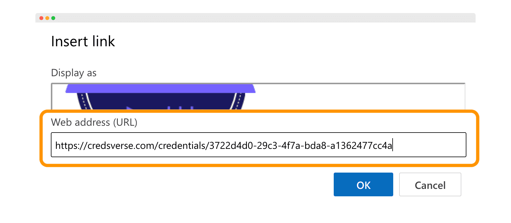 Insert link dialog box in Outlook, showing a URL being entered to link a certification badge in an email signature, illustrating how to add a badge to your email signature in Outlook.