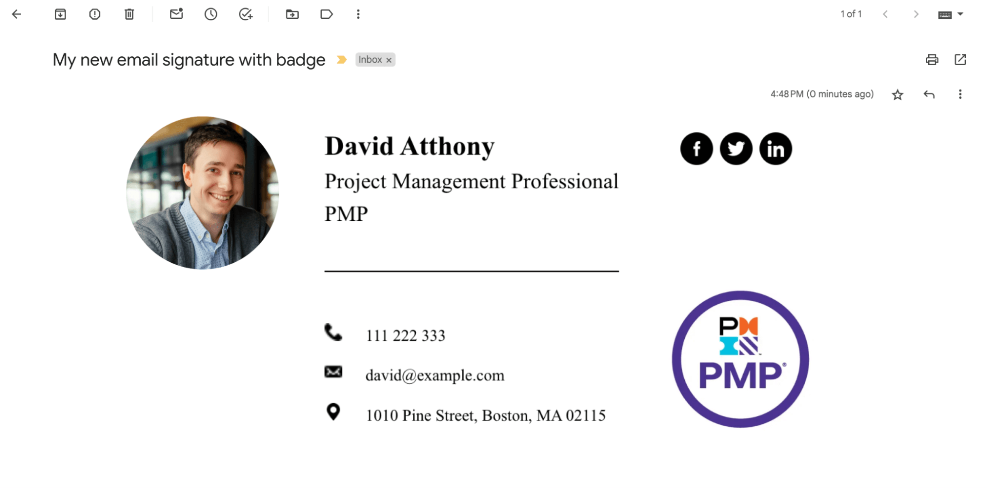 PMP email signature sample, including a photo, contact details, and a PMP badge.