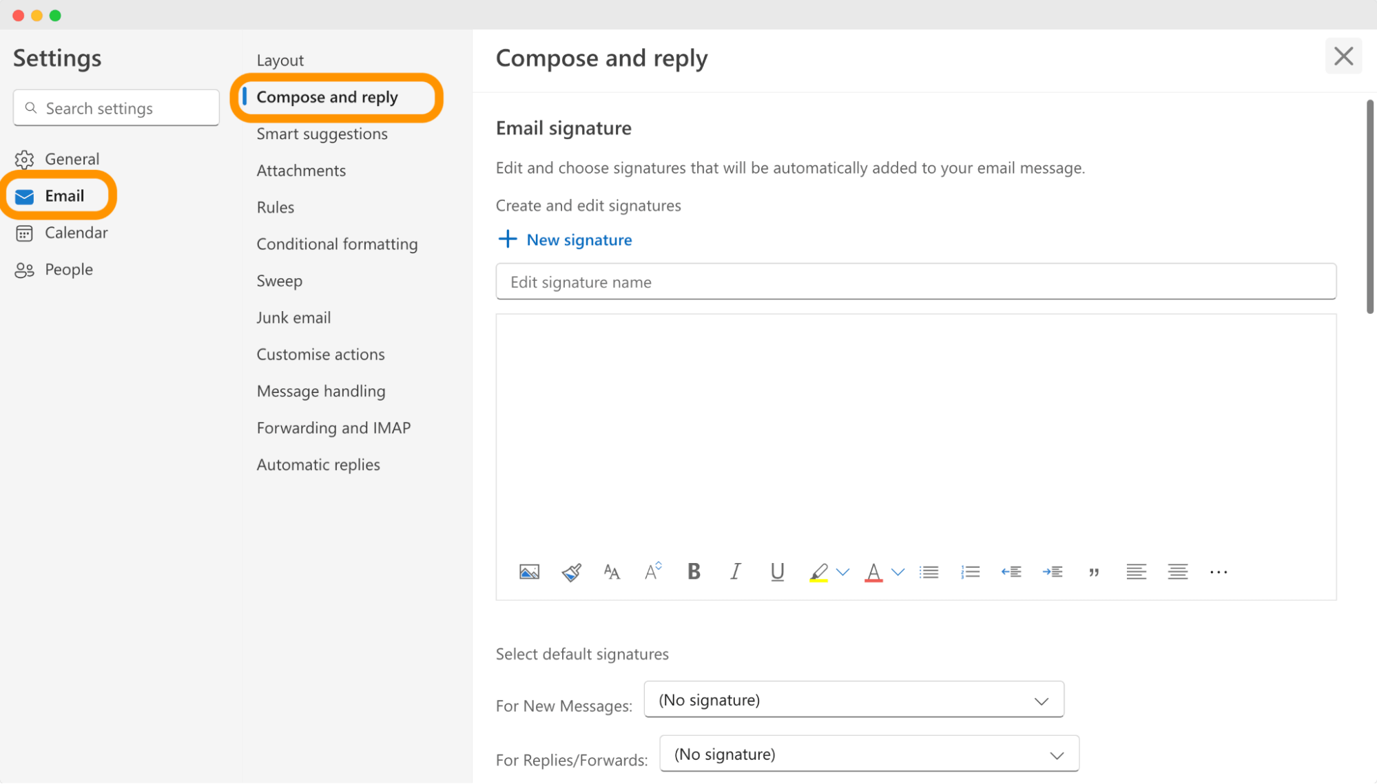 Screenshot of Outlook settings showing the Compose and reply section under the Email tab, guiding on how to add a badge to your email signature in Outlook. Screenshot of Outlook settings showing the Compose and reply section under the Email tab, guiding on how to add a badge to your email signature in Outlook.