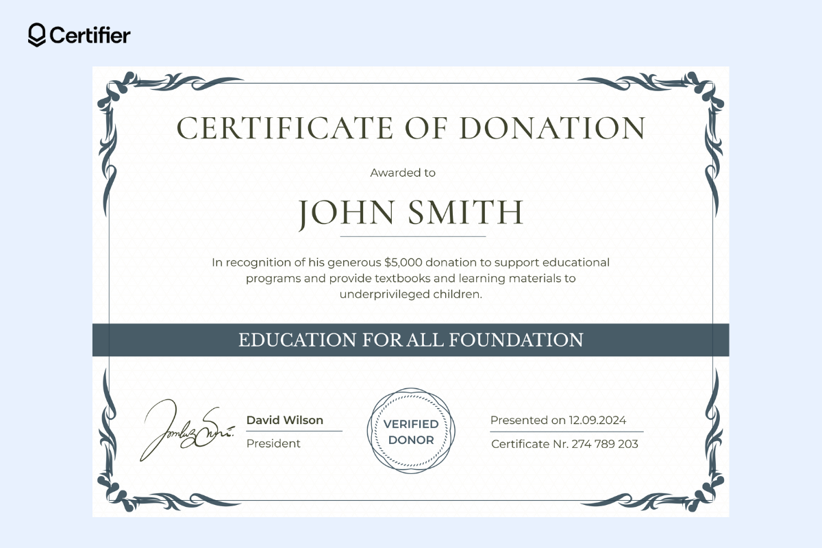 A light blue donation certificate template with decorative borders, free and editable, ideal for creating a thank you for your donation certificate template with a modern design. A light blue donation certificate template with decorative borders, free and editable, ideal for creating a thank you for your donation certificate template with a modern design.