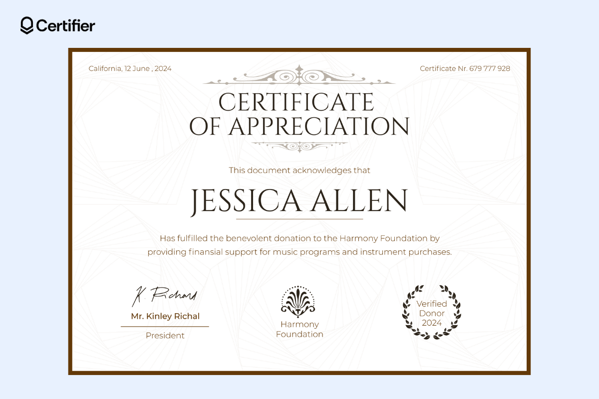 A certificate of appreciation with a beige background and intricate decorative elements, featuring elegant fonts and a professional layout, ideal for an in honor of donation certificate template. A certificate of appreciation with a beige background and intricate decorative elements, featuring elegant fonts and a professional layout, ideal for an in honor of donation certificate template.