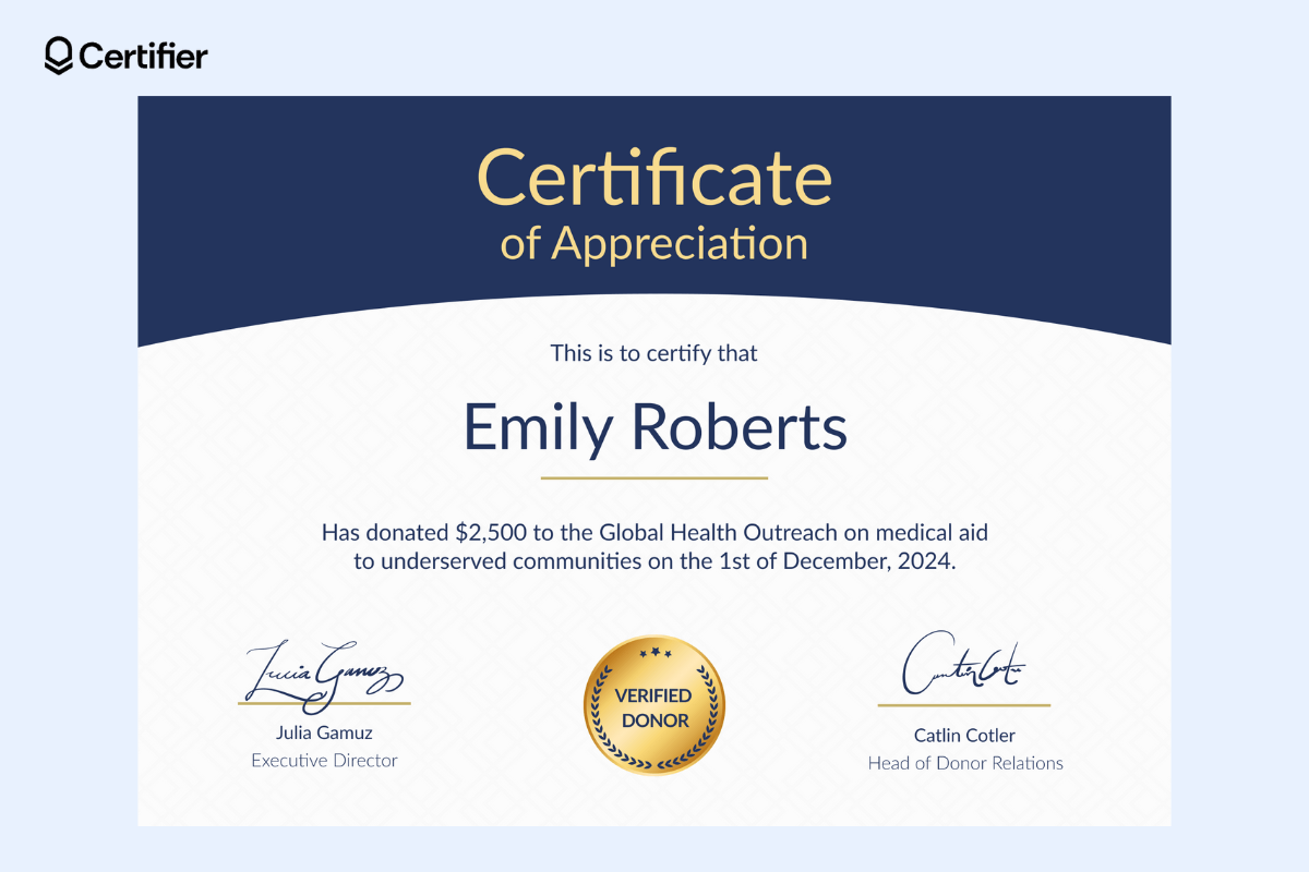A certificate of appreciation with a navy blue header and gold accents, clean layout, and ample space for donor information, perfect as a donation certificate template word. A certificate of appreciation with a navy blue header and gold accents, clean layout, and ample space for donor information, perfect as a donation certificate template word.