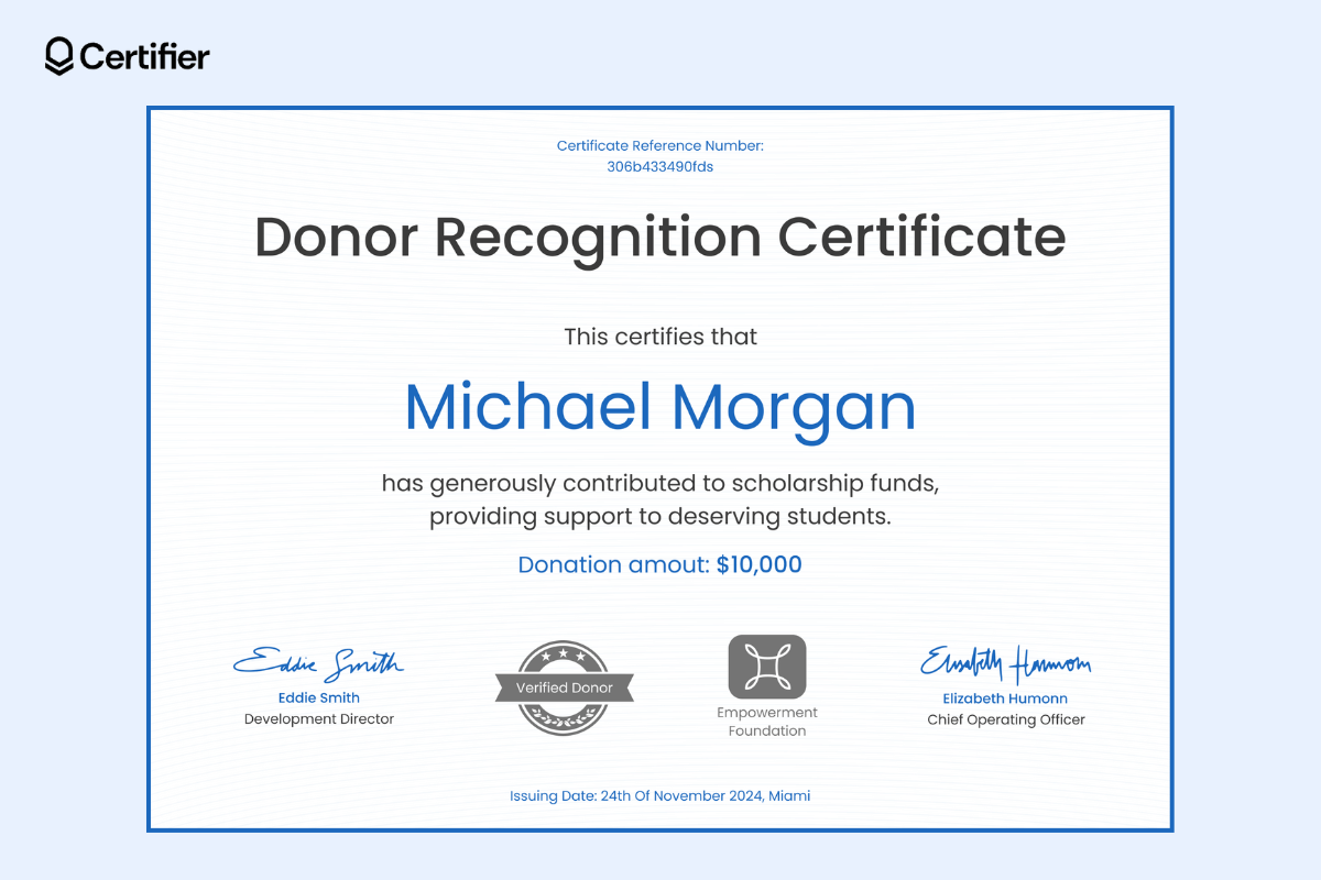 A donor recognition certificate with a white background, blue text, and clean design, featuring a verified donor badge. A donor recognition certificate with a white background, blue text, and clean design, featuring a verified donor badge.